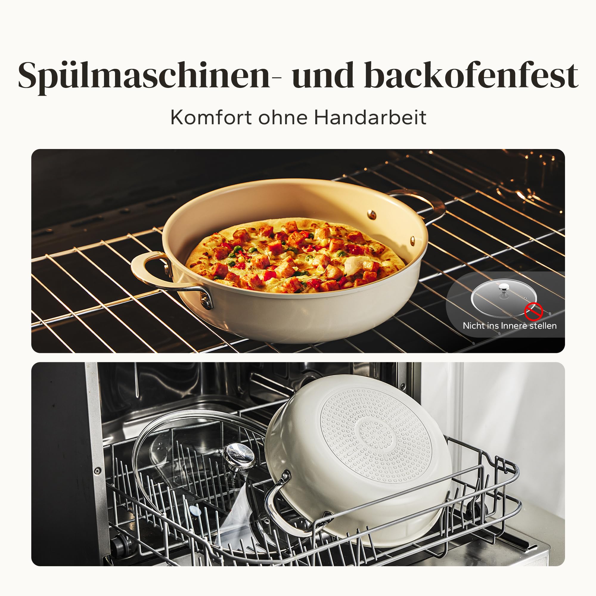 Redchef Padella per stufare, 28 cm, bordo alto, con coperchio, 3,85 l, antiaderente in ceramica, senza PFOA/PTFE/PFAS, manico in acciaio inox, lavabile in lavastoviglie, per cucinare arrosti, beige