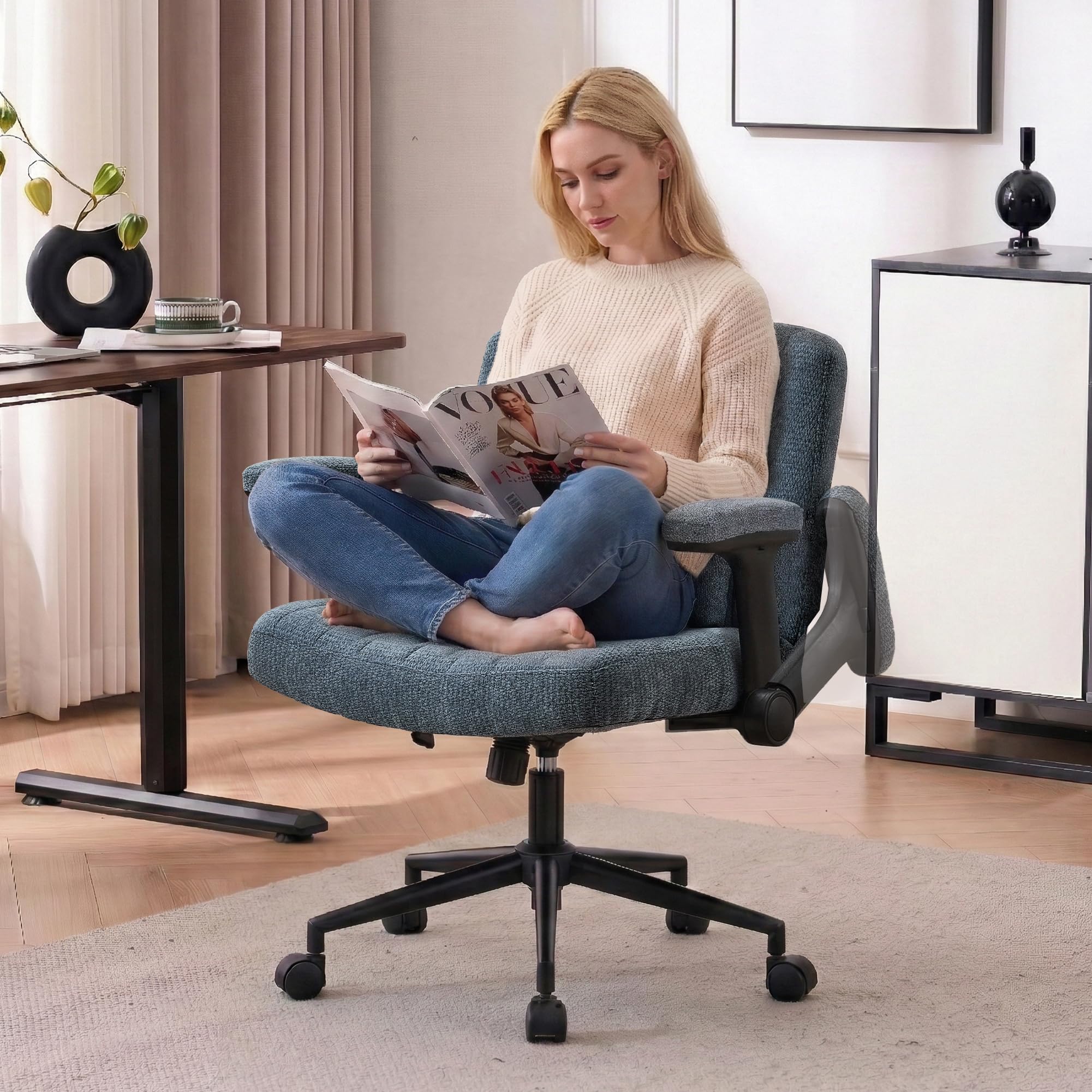 SnyFivv Cross Legged Office Chair with Flip-Up Arms & Wheels, 63cm Wide Seat Ergonomic Desk Chair - 360° Swivel & 15° Rocking, Computer Chair for Home Office Chenille, Blue