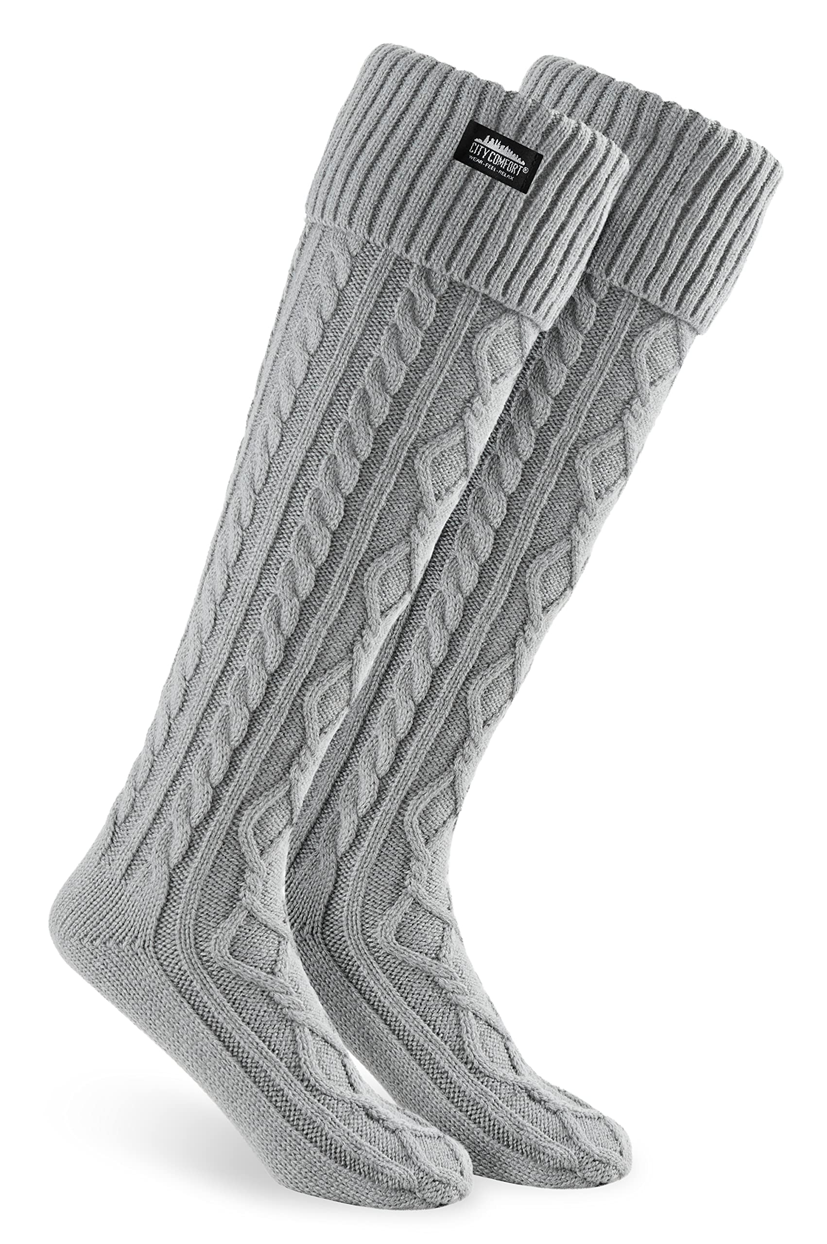 CityComfort Women Slipper Socks - Knee High Socks Cable Knit Cosy Over The Knee Socks UK Size 4-8 - Gifts for Her (Grey)