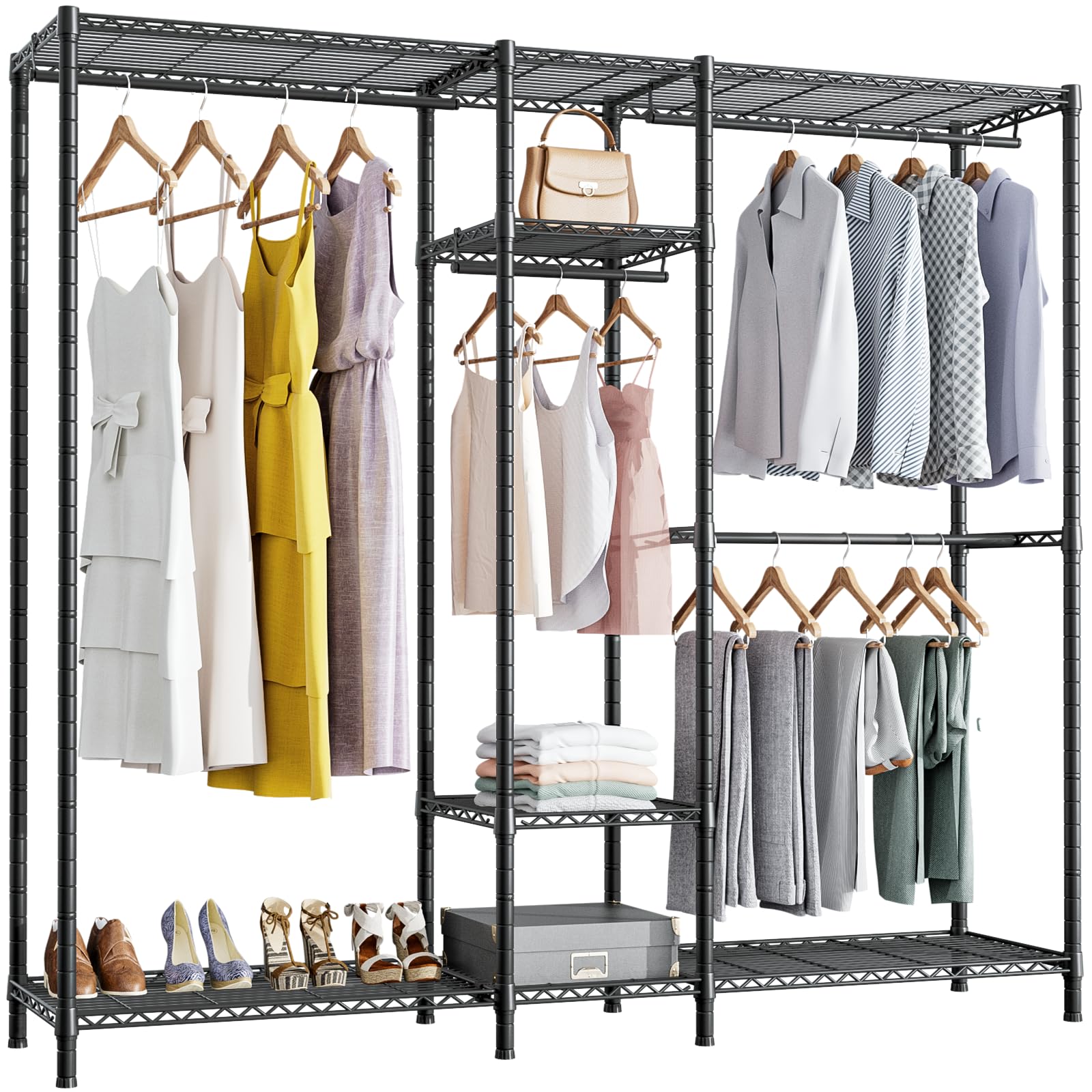 Ulif E9 Heavy-Duty Garment Rack, Wire Metal Clothing Clothes Rack, 5 Tiers Metal Freestanding Closet Wardrobe with 6 Shelves and 4 Hanger Rods, 72.8”W x 14.5”D x 77.6”H, Max Load 802 LBS, Black