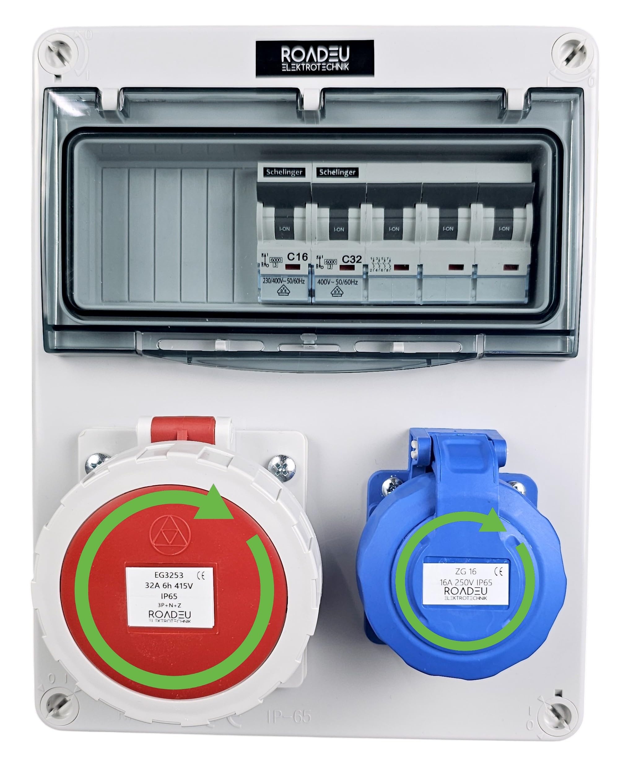RoadEu Coffret de distribution IP65 CEE 32A 5P 400V & prise 230V 2P+T, coffret mural avec disjoncteurs C32A 4P + C16A 2P, prises à couvercle vissé