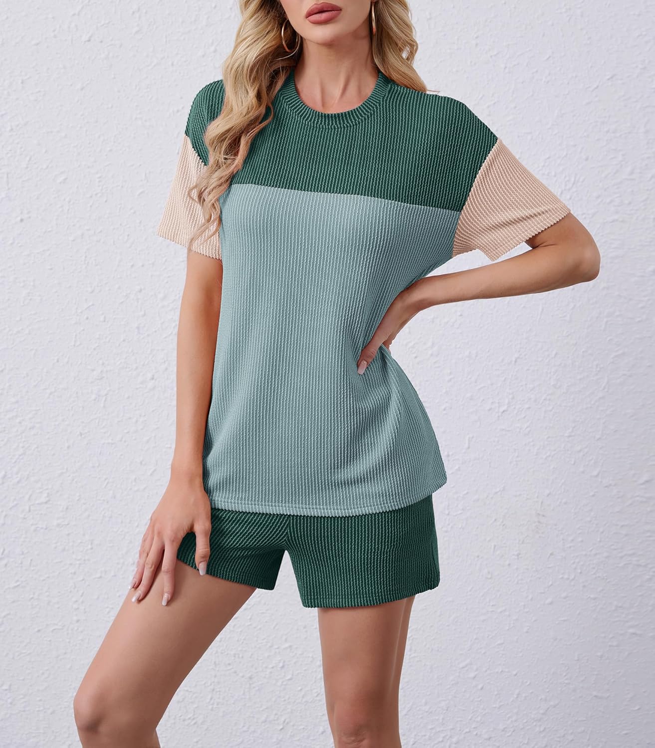 Women's Summer 2 Piece Outfits Lounge Matching Set Short Sleeve Top and Shorts with Pockets Travel Vacation Outfit - Image 4