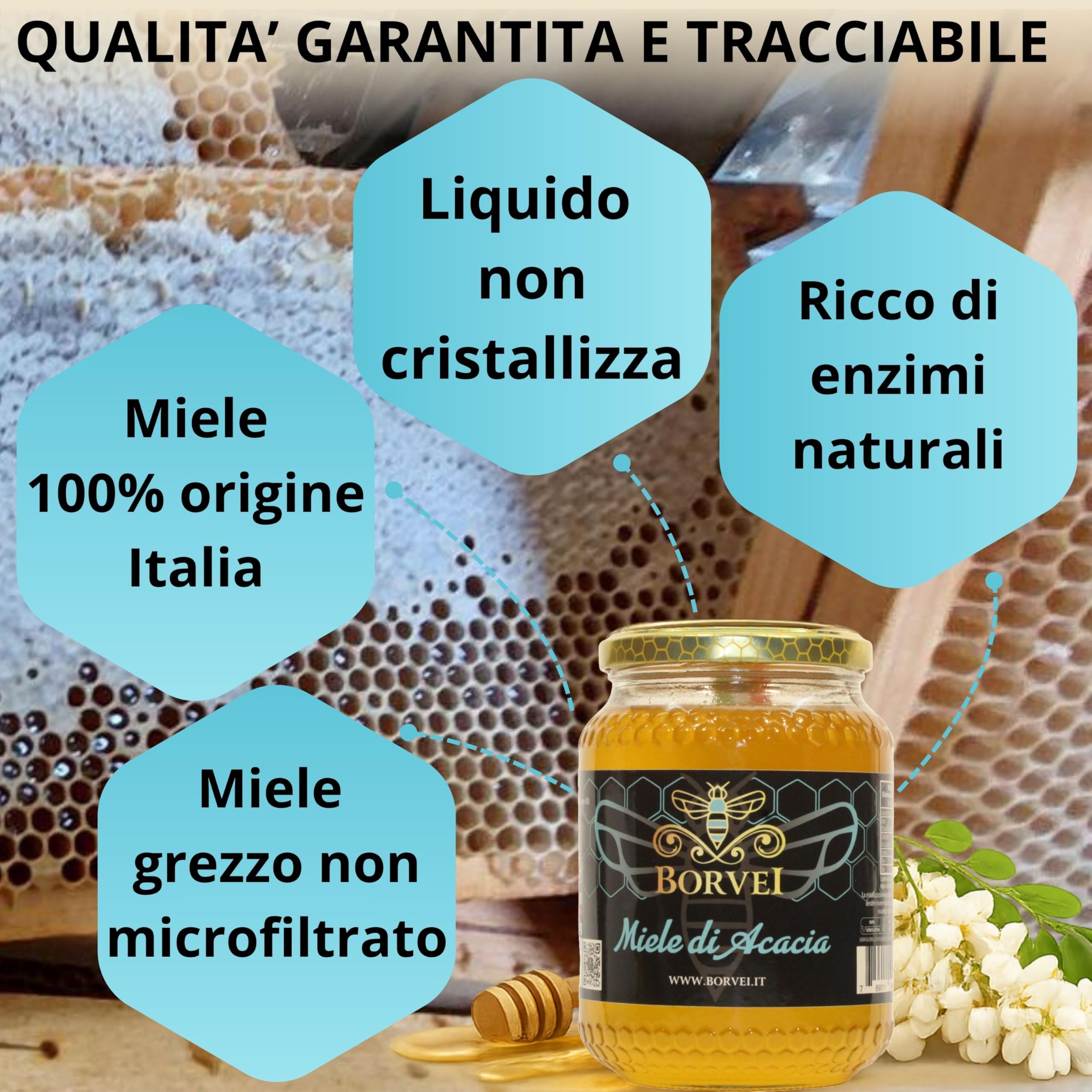 Miele di Acacia Italiano 1kg da Apicoltore Diretto BORVEI | Grezzo, Non Pastorizzato e Naturale | Estratto a Freddo | Artigianale | Senza Miscele UE