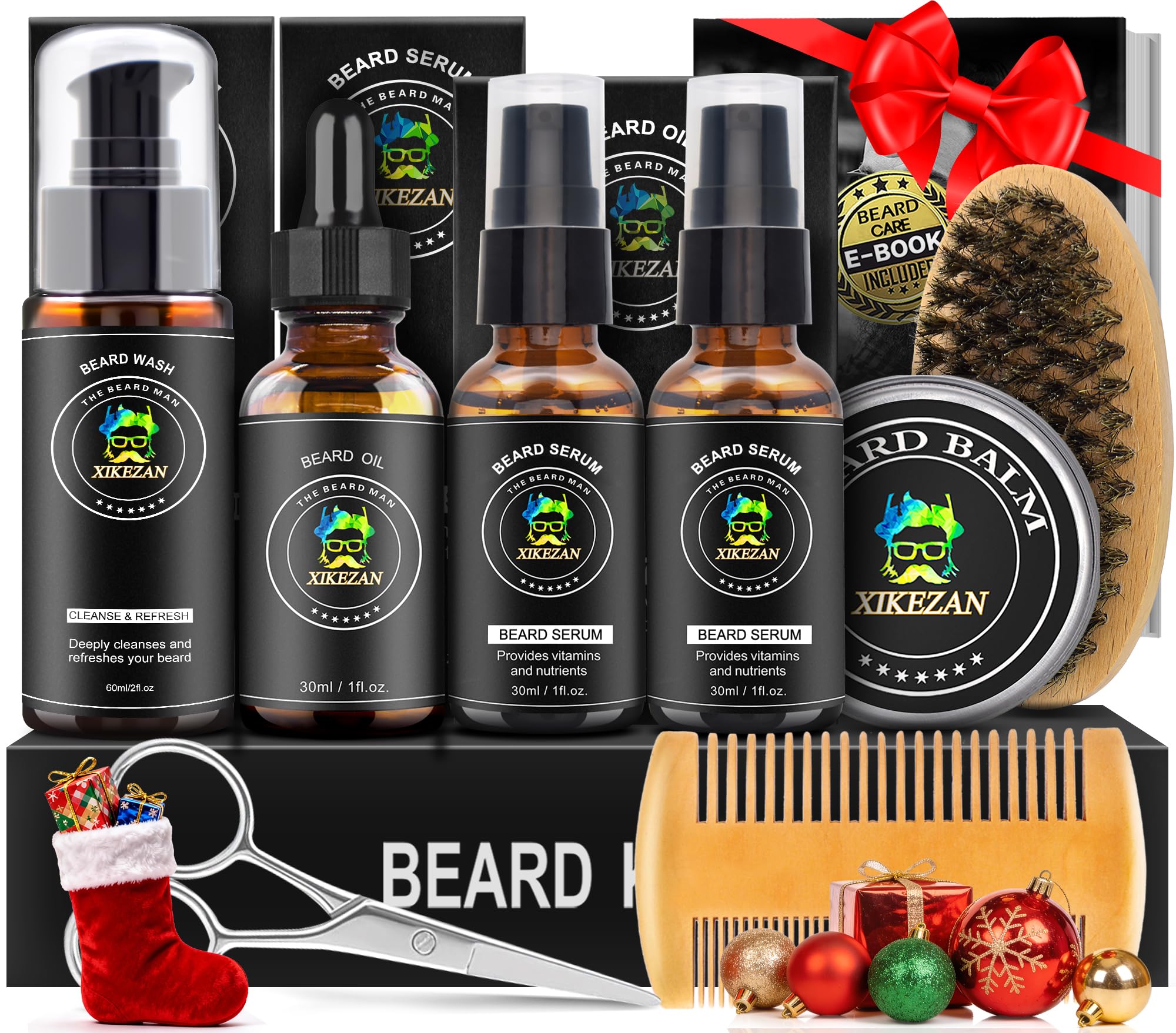 XIKEZAN Beard Kit for Men Grooming & Care Set w/2 Pack Beard Serum, Wash, Oil, Balm, Comb, Brush, Scissor, Bag, EBook, Unique Birthday Gifts for Men Him Dad Husband Brother Christmas Stocking Stuffers