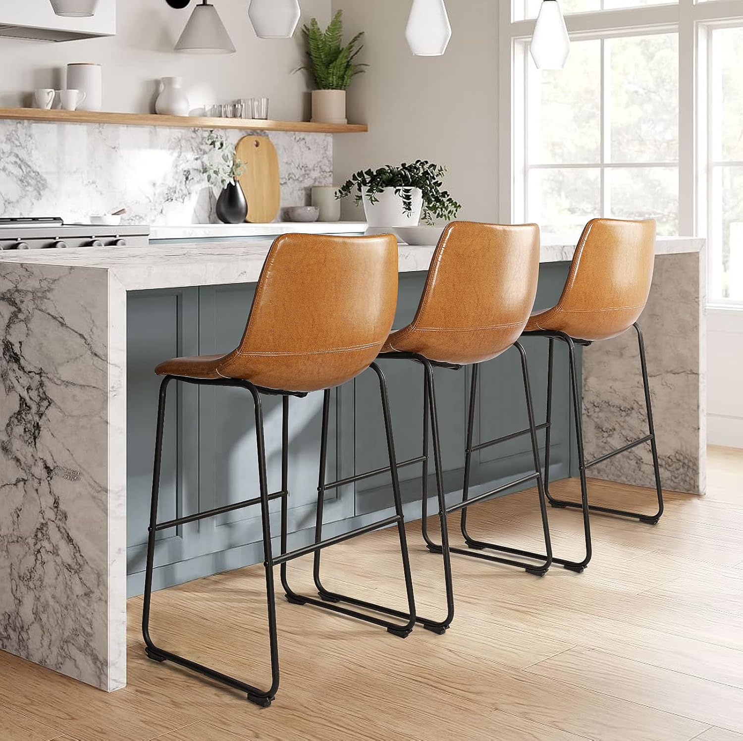 LEMBERI 26 inch Bar Stools Set of 3, Modern Counter Height Bar Stools, Faux Leather Barstool with Back and Metal Leg, Armless Bar Chairs for Kitchen Island (Whisky, 3pcs 26")