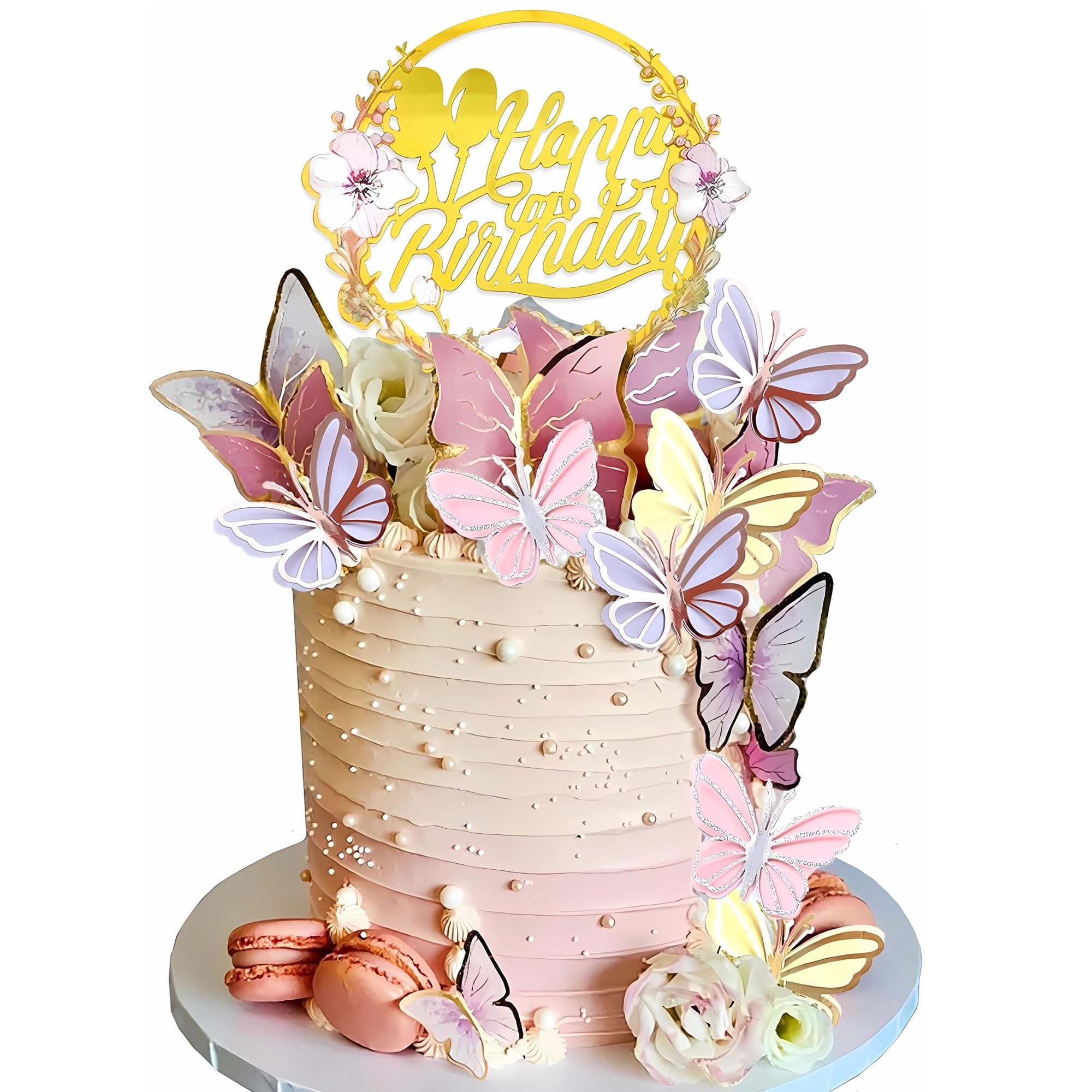 35PCS Butterfly Cake Topper Decorations with Artificial Flowers for Anniversary Butterfly Birthday Supplies (Pink Gold)