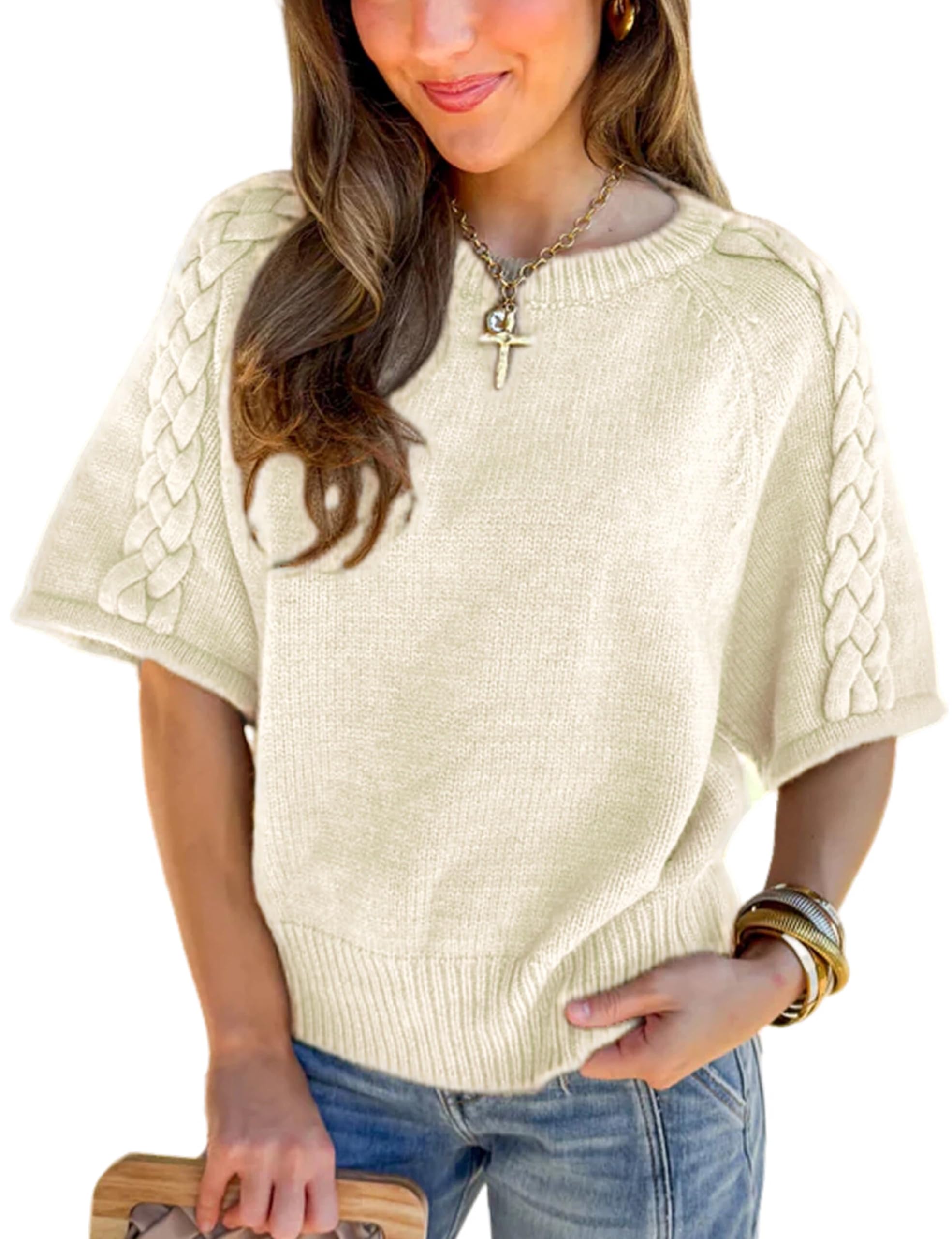 Bianstore Womens Casual Short Sleeve Crewneck Cable Knit Sweater Lightweight Cropped Ribbed Hem Pullover Tops