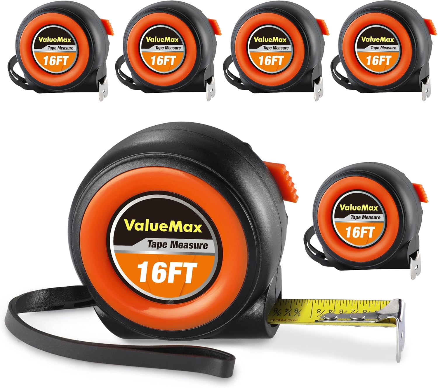ValueMax 6-Pack 16FT Retractable Tape Measures with Auto-Lock - Easy Read, Durable & Waterproof for Contractors, Carpenters