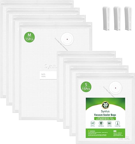 Syntus Bolsas selladoras al vacío para alimentos, 30 unidades de tamaño pequeño de 8 x 10 pulgadas y tamaño mediano de 10 x 13.8 pulgadas, bolsas de