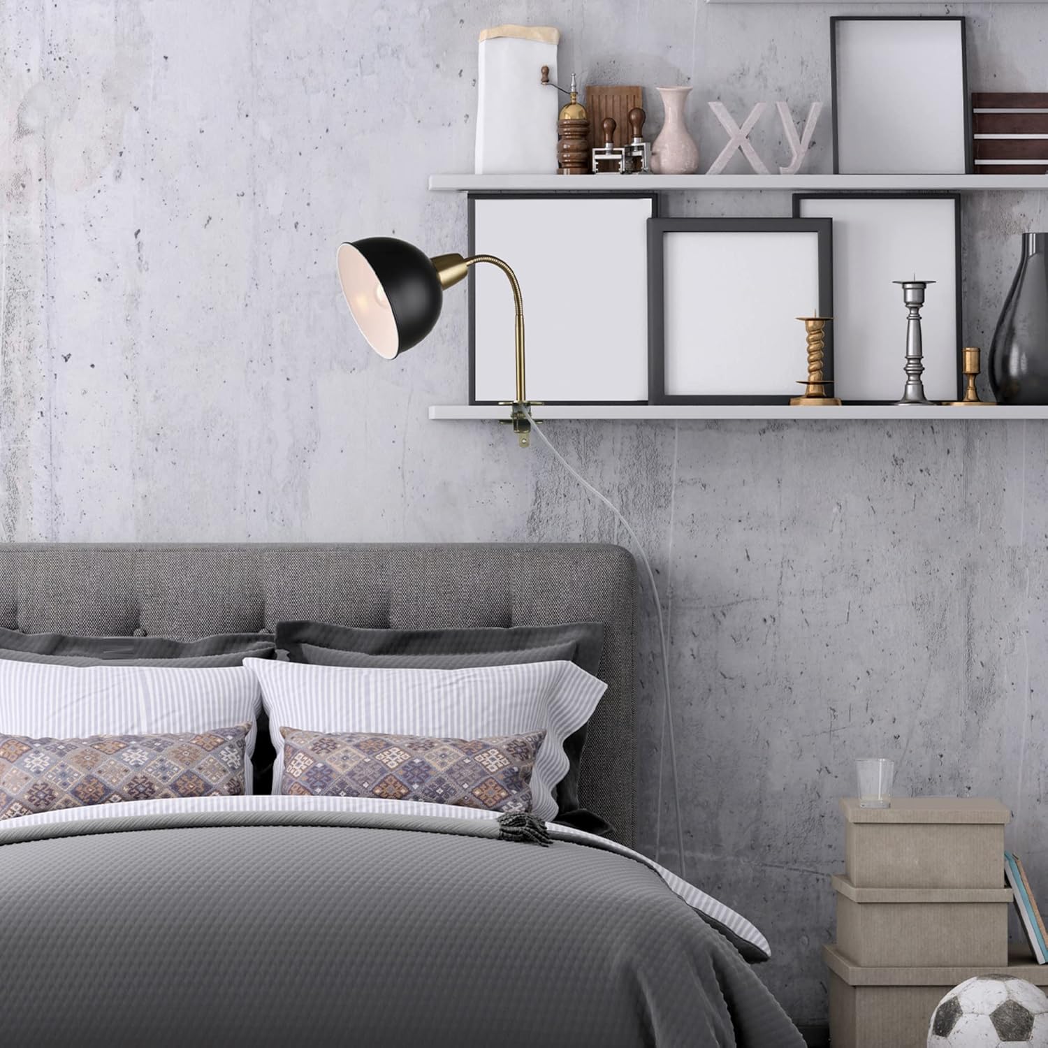 GLOBE Electric 56057 Zuri 20" Clip-Arm Desk Lamp, Matte Brass, Matte Black Shade, Adjustable Gooseneck, in-Line On/Off Switch