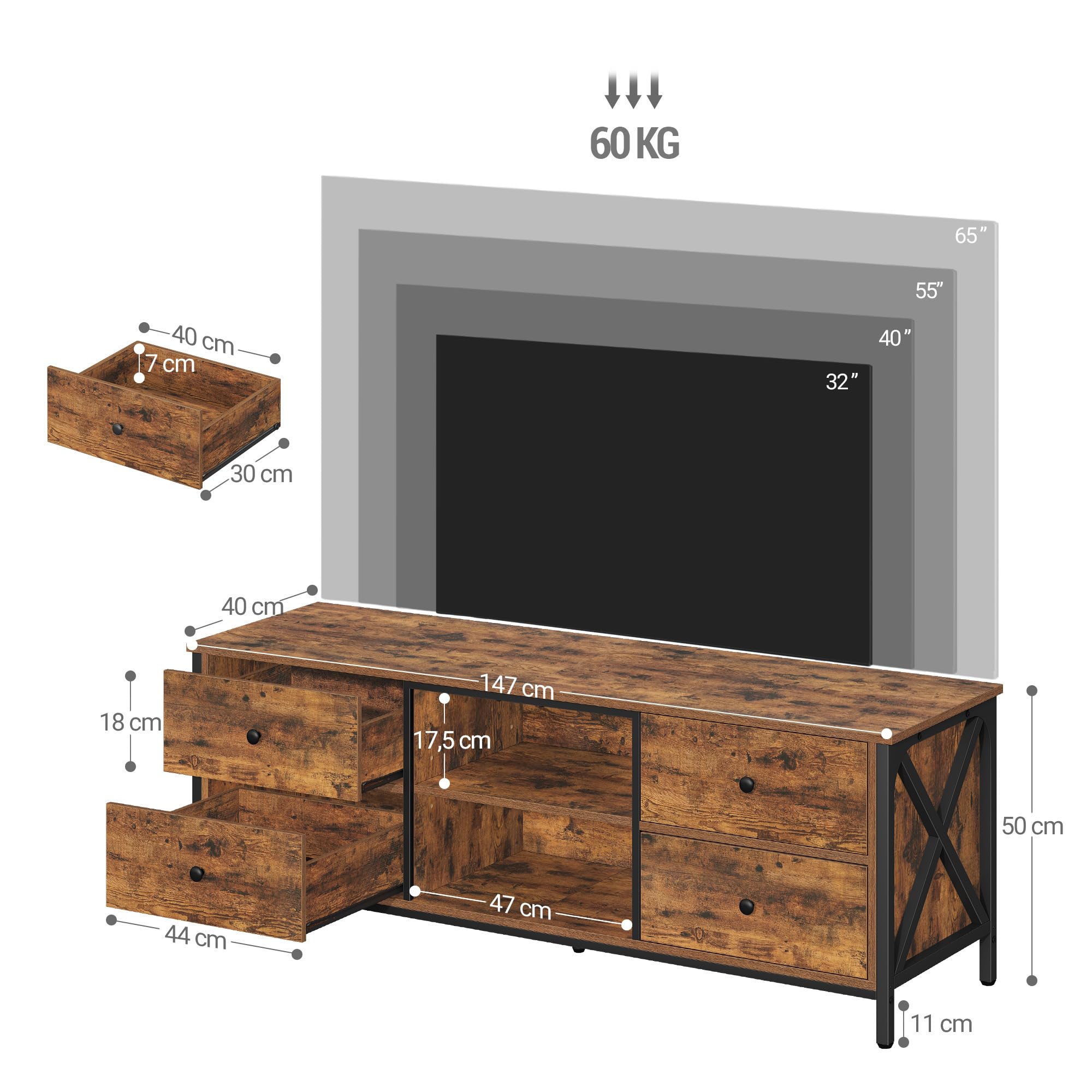 Hzuaneri TV-Schrank mit 4 Schubladen, TV-Ständer für TV-Geräte unter 65 Zoll, mit 2 offenen Fächern, 40 x 147 x 50 cm, Fernsehschrank für Wohnzimmer, Schlafzimmer, Vintagebraun-Schwarz TV16801B