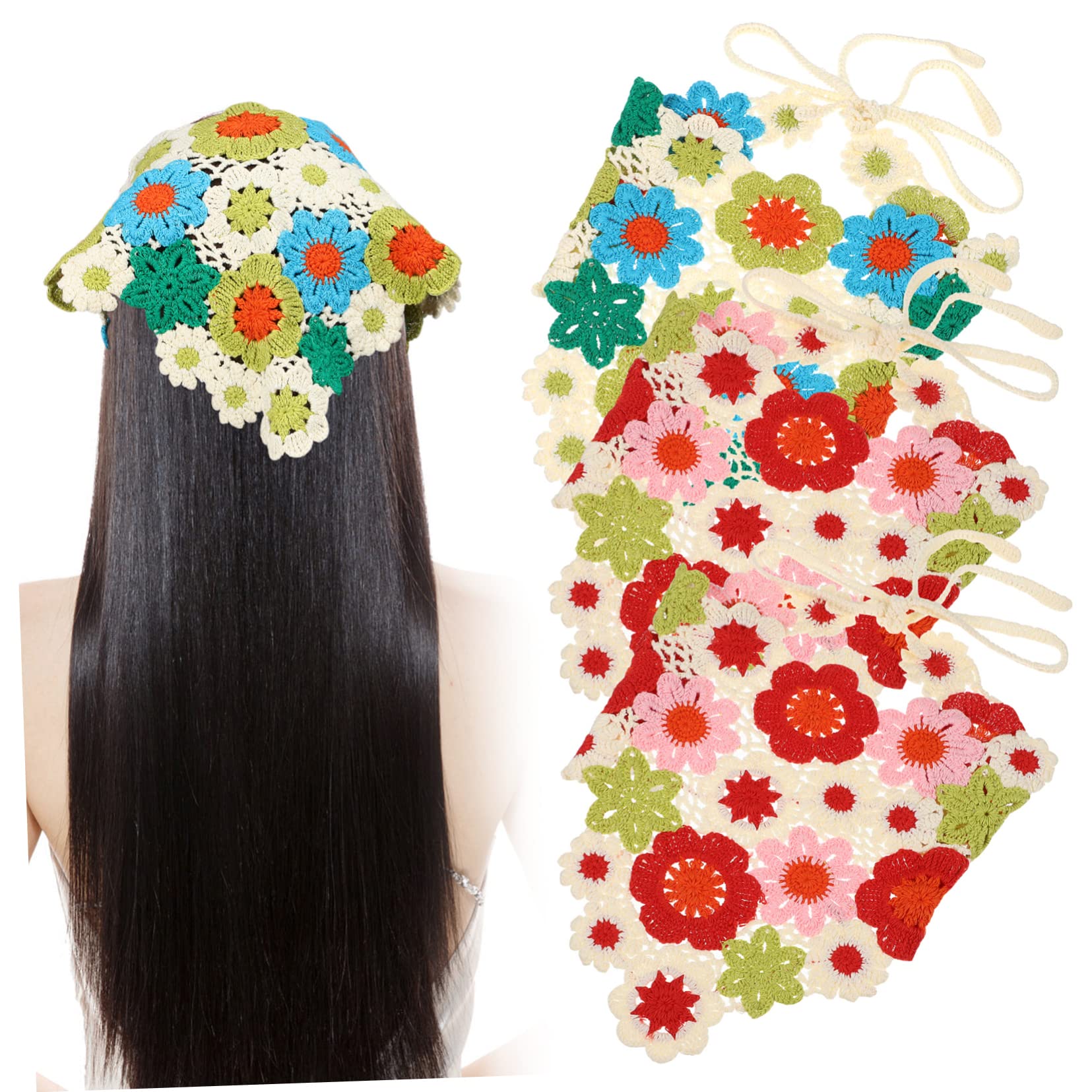 DECOMELODY 3Pcs Floral Knitted Hair Scarves Soft Crochet Head Kerchiefs for Women Stylish Bandanas for Various Hairstyles Comfortable Breathable Hair Turbans