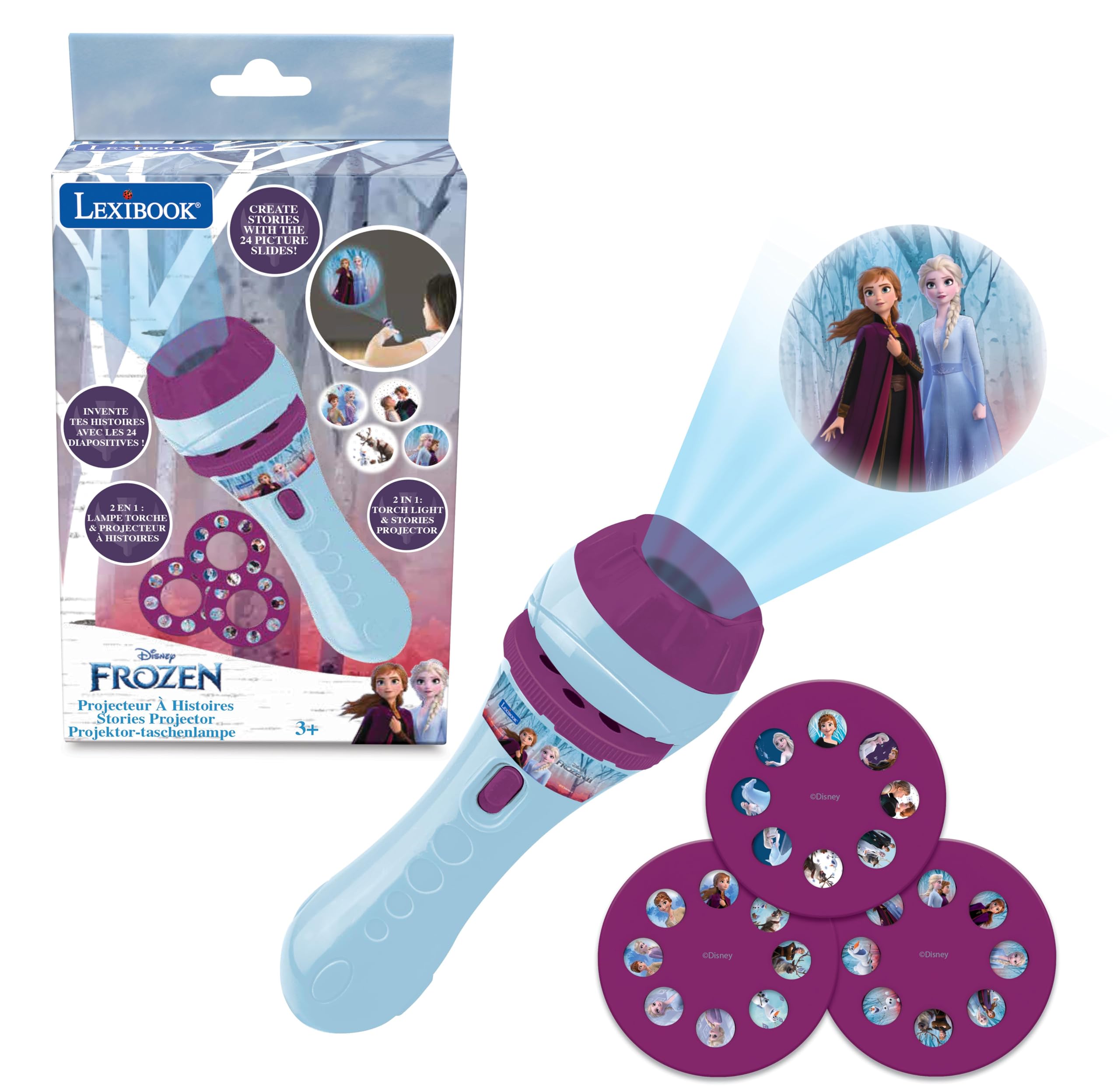 LEXIBOOK - Stories projector, Frozen torch light and projector with 3 discs, 24 images, create your own stories, LTC050FZLXB