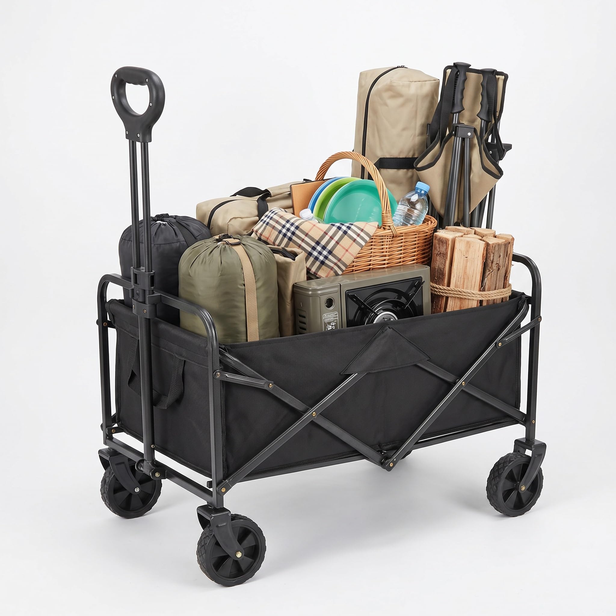 Carrello pieghevole con una portata fino a 150 kg, robusto carrello per spiaggia e giardino, carrello per sport, campeggio, shopping e trasporto in spiaggia