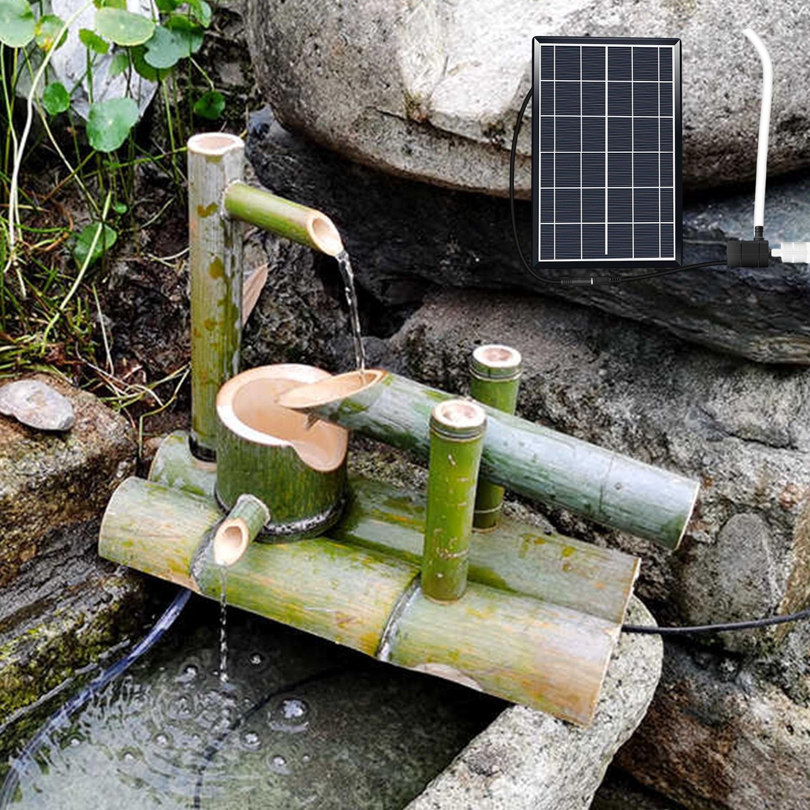 Kit Fontaine en Bambou, Fontaine de Jardin Artisanale avec Pompe, Jet d'eau étagé, Fontaine Solaire extérieure 6 W pour terrasse, Jardin, Bassin et pelouse, 45 cm
