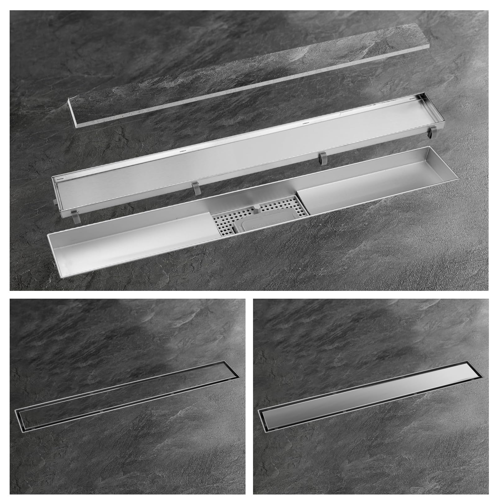 Caniveau de Douche 50 cm, 2 en 1 Caniveau Douche Italienne Extra Plate,Acier INOX, Avec Siphon à Bloqueur D'odeurs et Filtre à Cheveux,Drainage Rapide