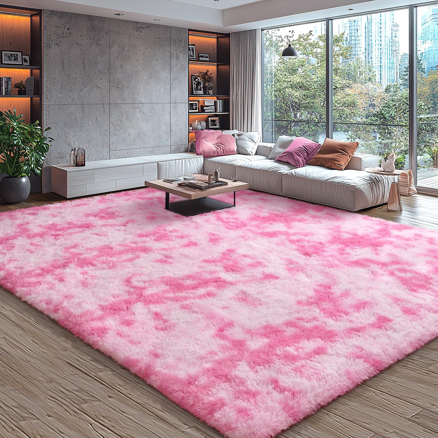 EVOIONOS 5x7 Washable Large Area Rug Living Room, Fluffy Shag Rug Bedroom, Ultra Soft Plush Non Slip Carpet Indoor Floor Bedside Nursery Kids Girls Room Dorm, Home Decor Aesthetic, Tie-Dyed Pink โ image 1
