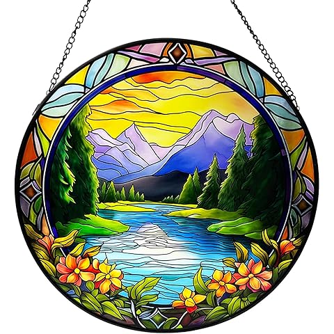 Landscape Stained Glass Window Hanging, 9.84'' Mountain River Stained Glass Panel, ...