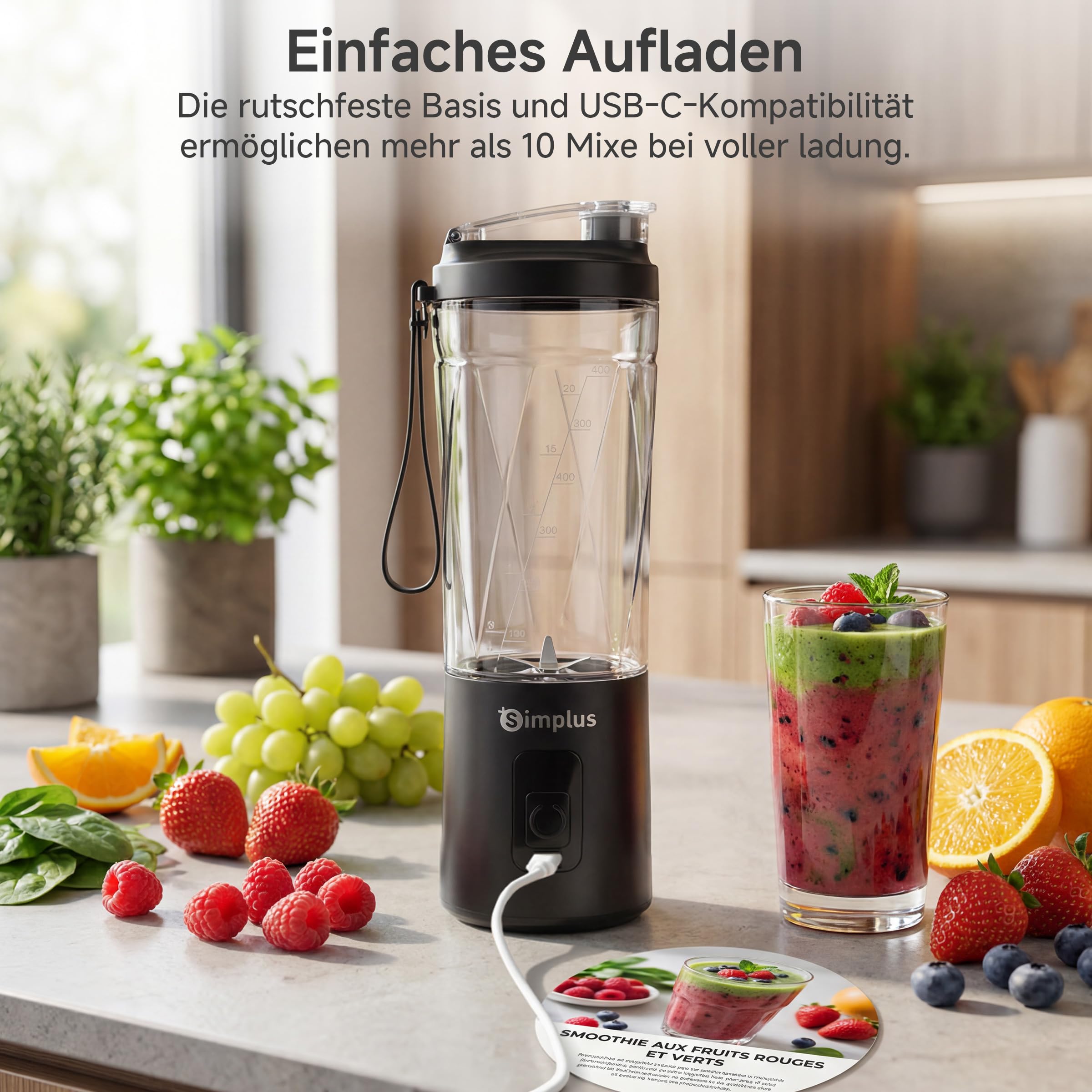 SIMPLUS Tragbarer Mixer 800ml Smoothie Maker To Go, USB-C Mini Mixer mit 6 Edelstahlklingen, kabelloser Blender für Shakes, Milchmixgetränke, weiche Früchte & kleine Eisstücke, BPA-frei