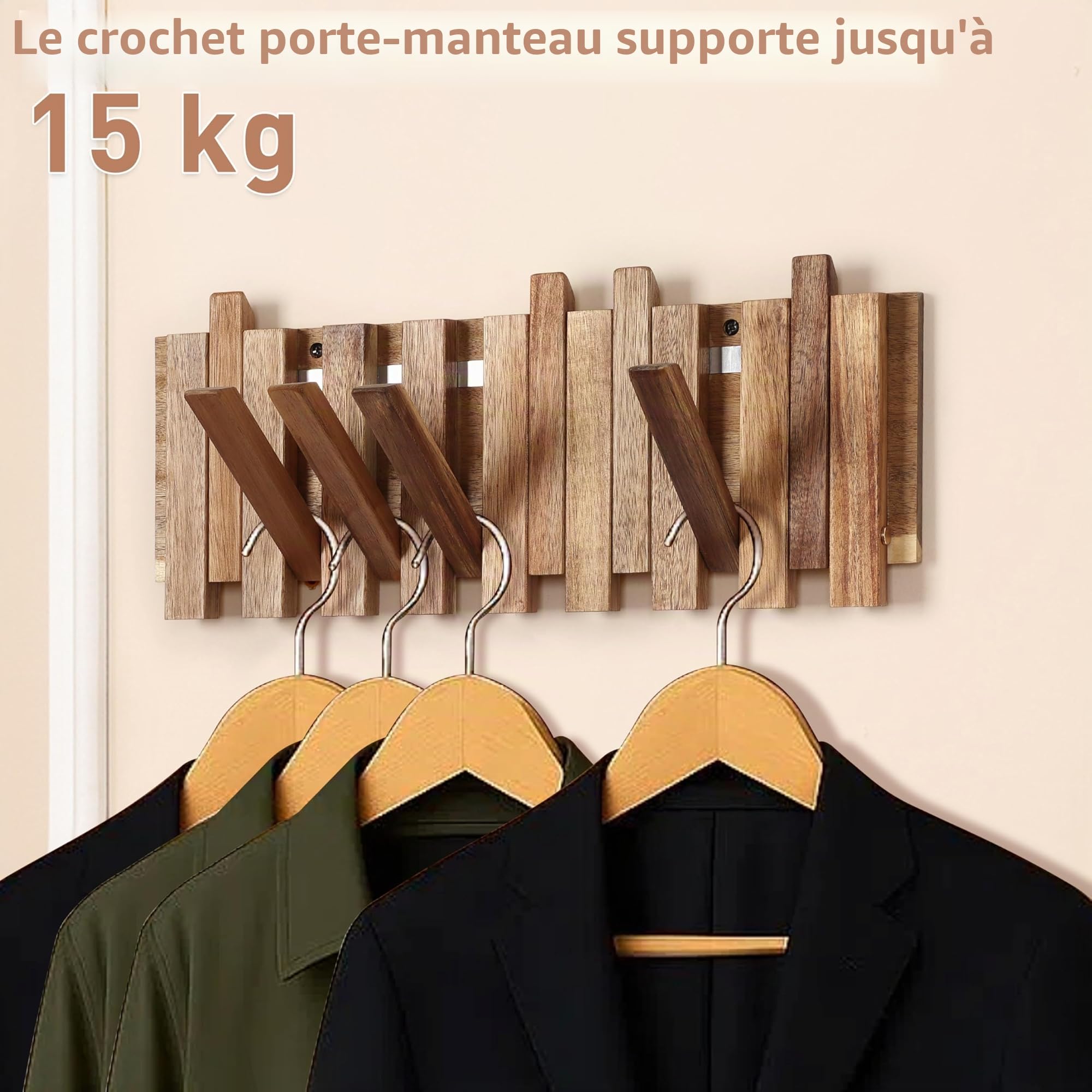 Porte-manteau en bois de style rustique avec 8 crochets : style décalé magnétique crochet mural rabattable pour couloir - 42,5 cm - Porte-manteau mural peu encombrant pour vestes, manteaux, sacs