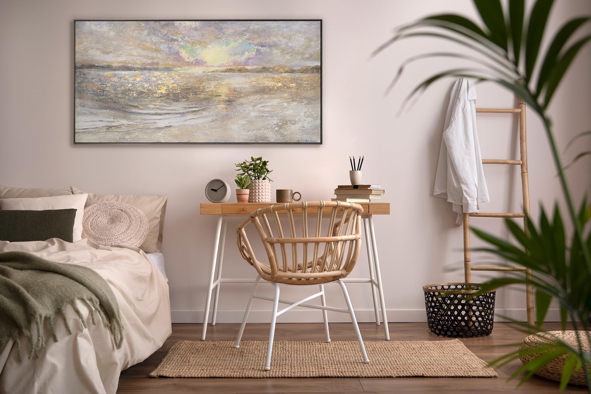 YS -Art ręcznie robione malarstwo motyw morski spokojny port malowane na akrylu jasne kolory ze złotym krajobrazem motyw morski z ramą 200 x 100 cm