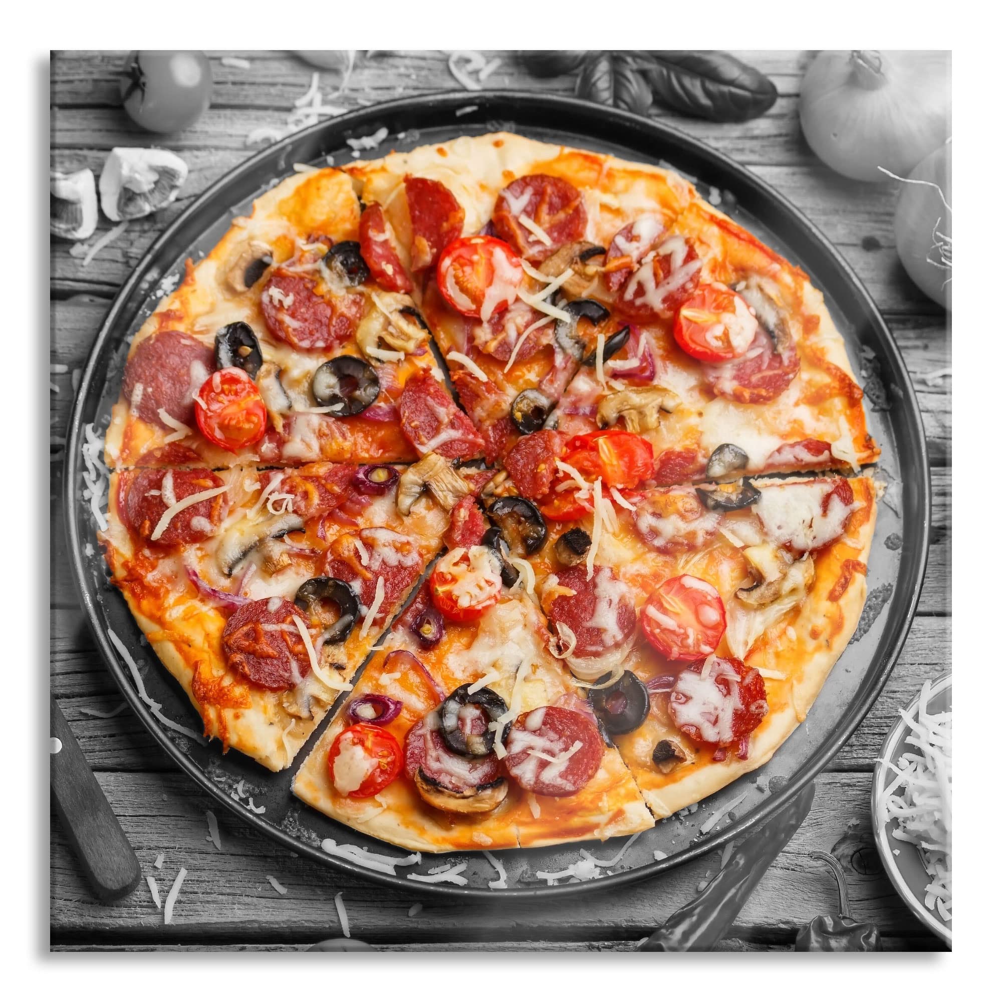 Pixxprint Glasbild, Wandbild auf Echtglas, Pizza auf Pizzablech, 80x80 cm, inkl. Aufhängung und Abstandshalter