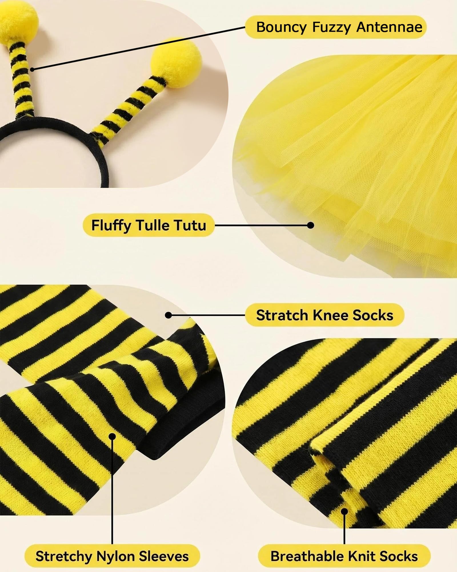 Set De 4 Accesorios De Abeja Para Mujer – Diadema, Gafas, Calcetines Y Mangas Para Carnaval Y Cosplay