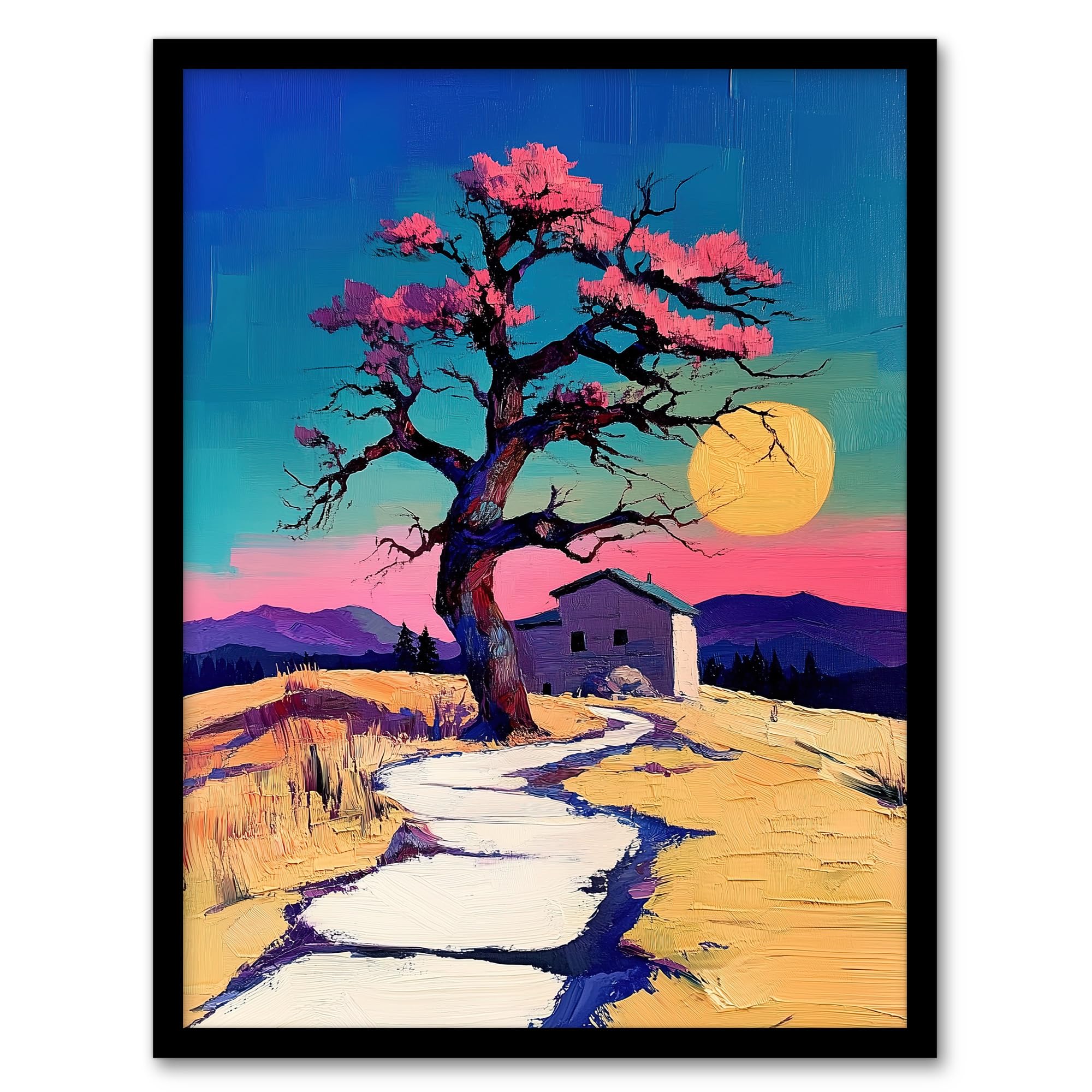 Artery8 Cottage Cherry Blossom Tree Sunrise Landscape Framed Art Print - Blue A4