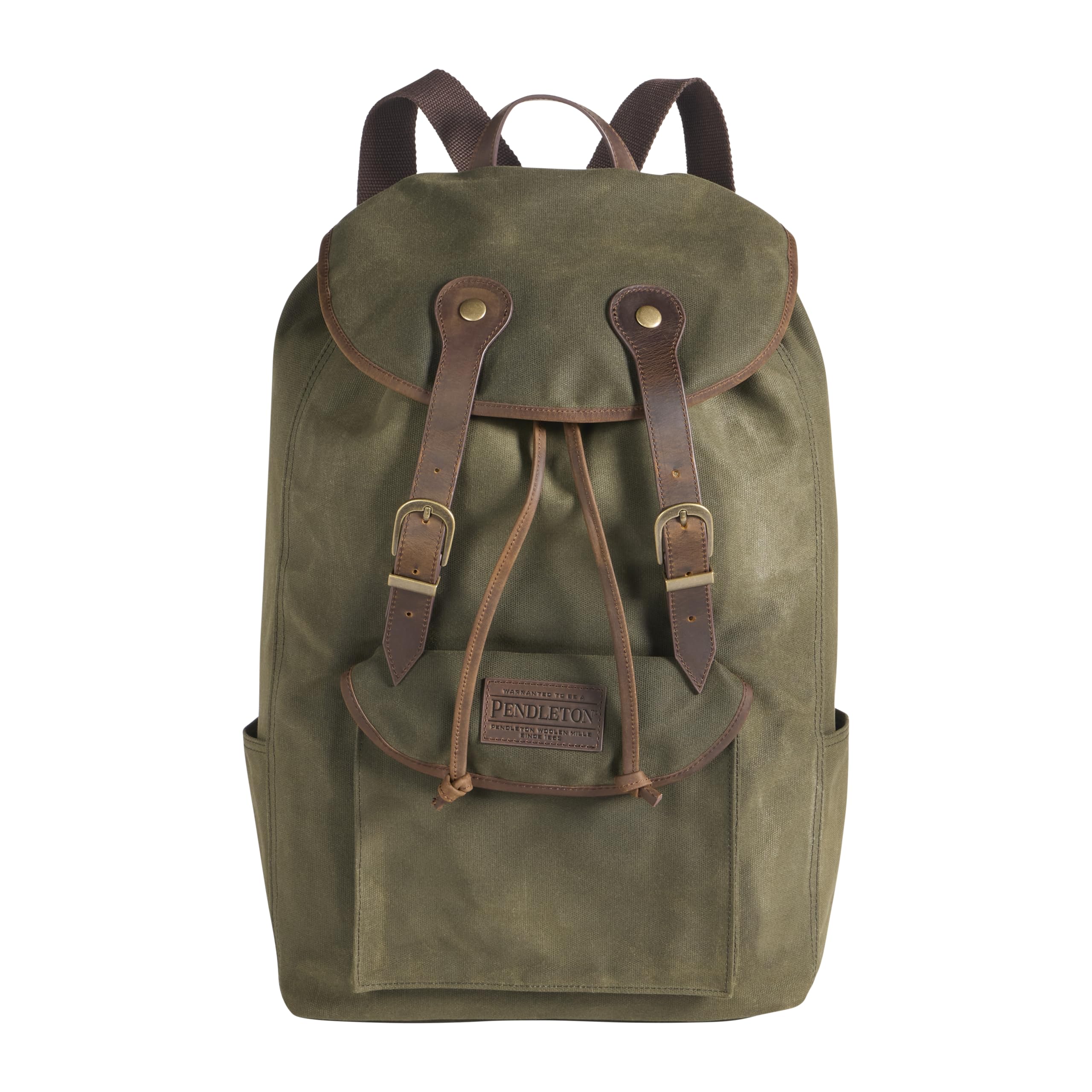 Pendleton Odyssey Collection Canvas Backpack, Olive Green with Leather Trim, 14.5x20x6 Inch, Laptop Sleeve, Quilted Back Panel