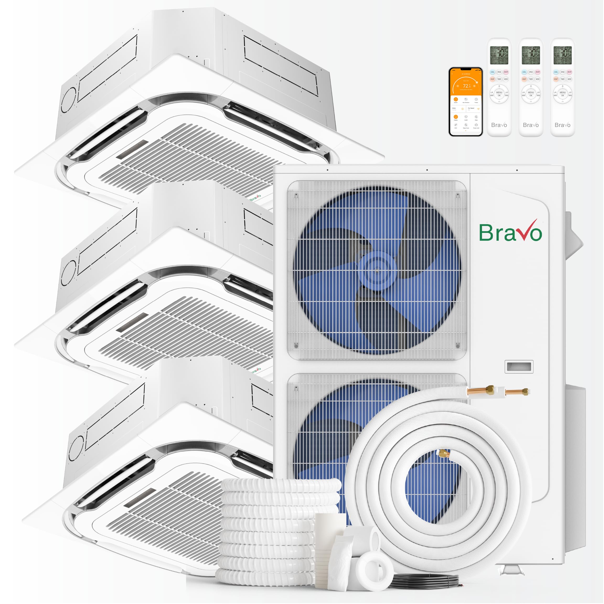 BRAVO 42,000 BTU 3-Zone 9000 + 12000 + 18000 BTU Ceiling Cassette, 24 SEER2 Ductless Mini Split AC & Heat Pump – Includes Smart Control & 25FT