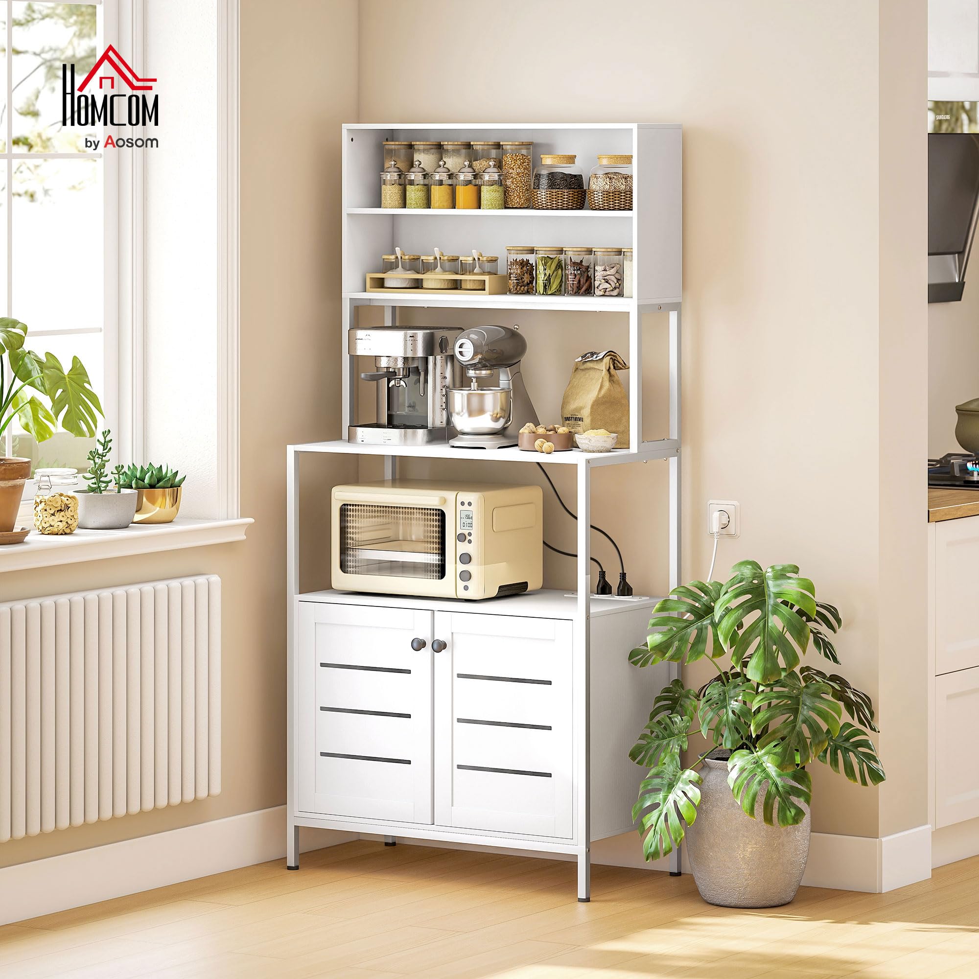 HOMCOM Scaffale Cucina con Ripiani, 2 Prese di Ricarica USB e AC, Scaffale per Microonde con Armadietti con Porte a Persiana, Mobile Cucina Salvaspazio in Legno e Acciaio, 80x42x171 cm, Bianco