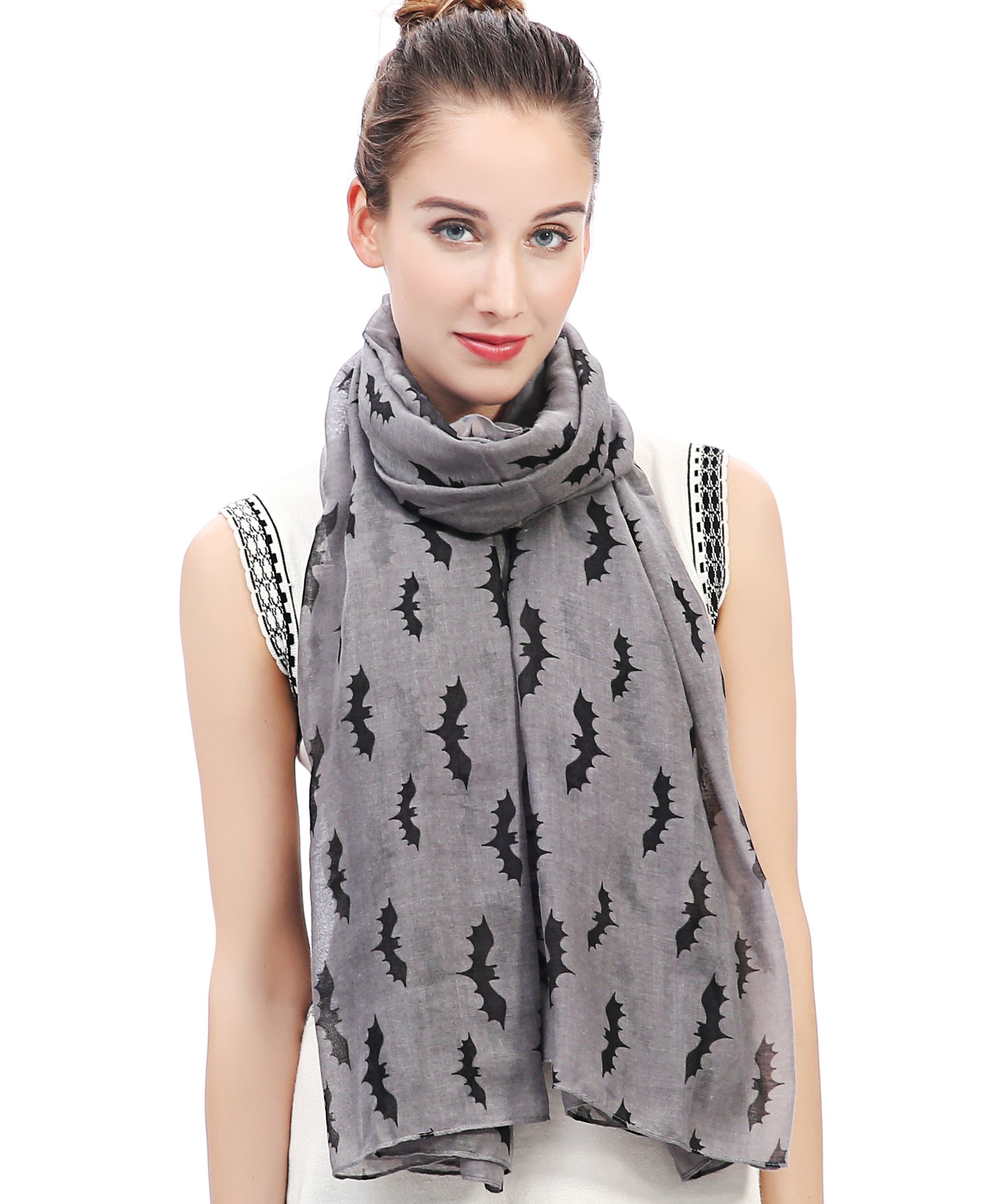 Lina & Lily Women's Grey Halloween Bat Print Scarf Oversize (Grey)(Size: One Size)