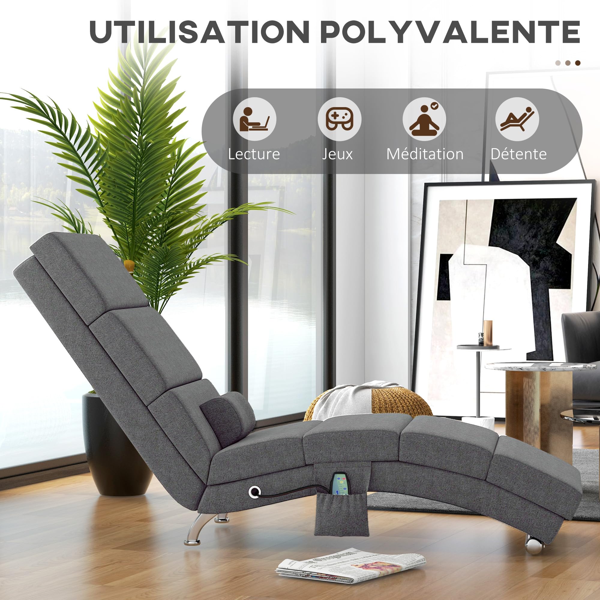 HOMCOM Fauteuil Relax Salon Fauteuil de Massage et Chauffage meridienne Chaise Longue d'intérieur, avec télécommande et Oreiller, Chambre à Coucher, Salon, Tissu Effet Lin Gris