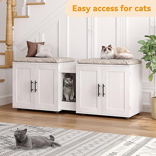 Miniatura 8 de Gaomon Caja de arena con doble jaula, casa para gatos, caja de arena oculta para 2 gatos, muebles de madera cerrada para gatos, 55 pulgadas de largo