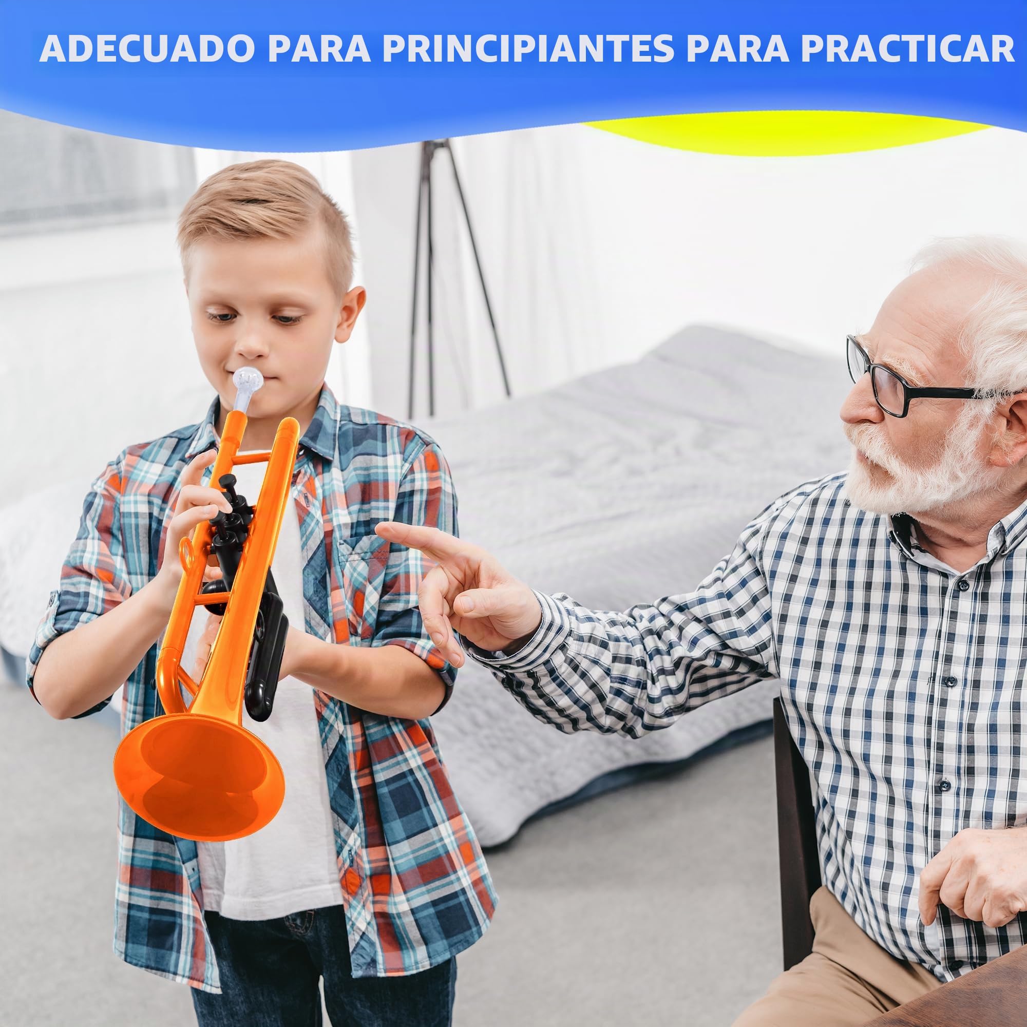 PAMPET Juego de trompeta profesional de plástico para estudiantes principiantes con boquilla 7C y boquilla 3C, instrumento de trompeta Bb naranja