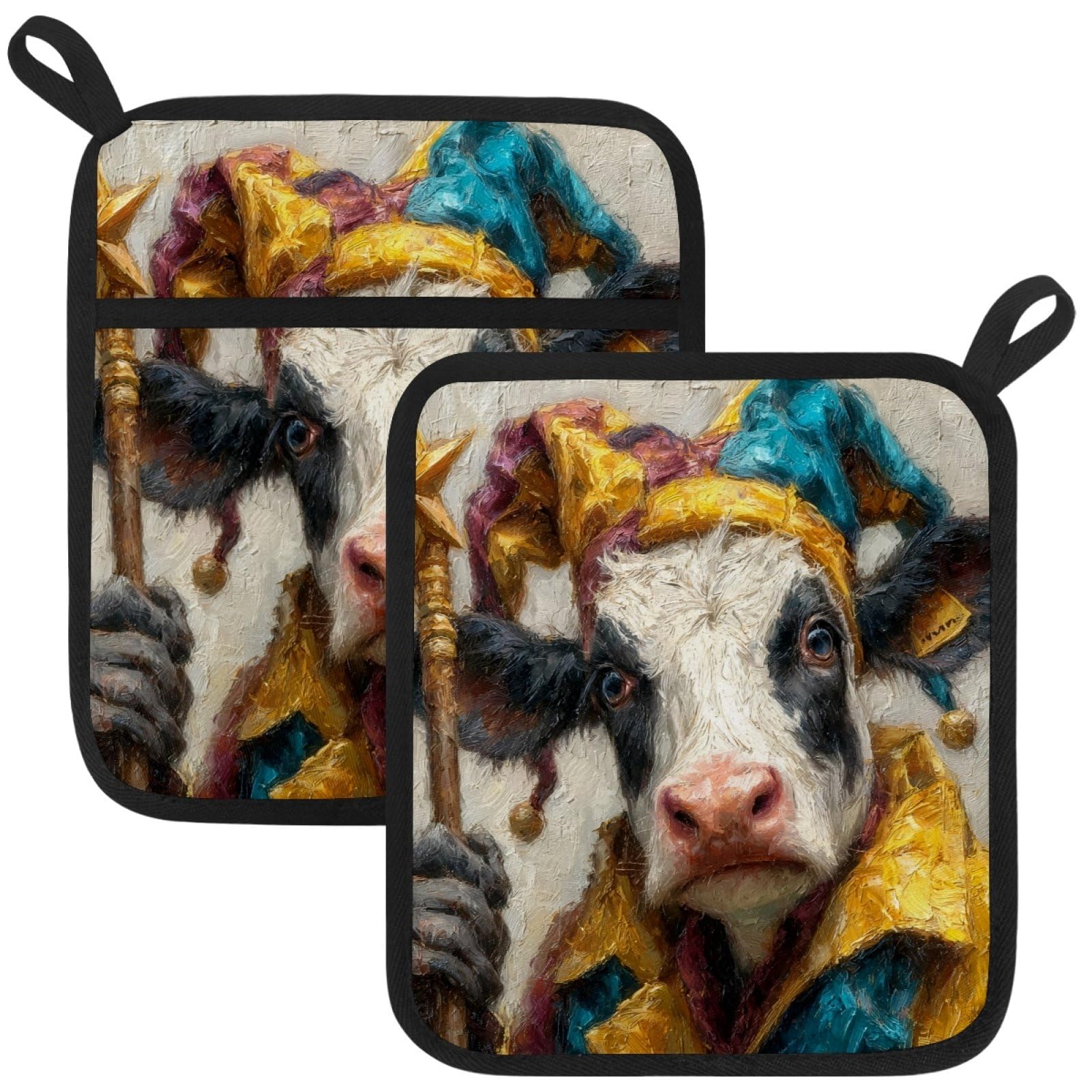 VAPOKF Christmas Cow Pot Holders with Pocket for Kitchen Heat Resistant Potholders Large Polyester-Cotton Square Oven Mitts Set
