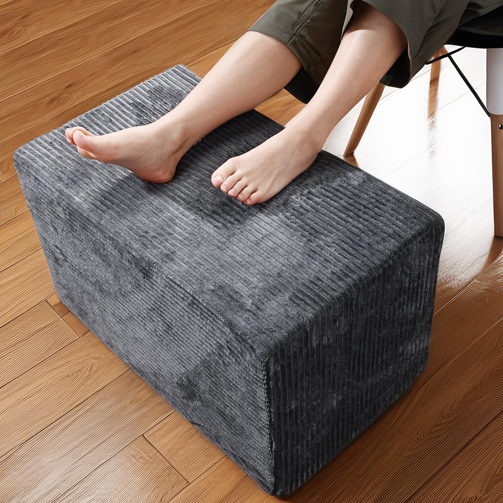 Rectangular Stuffed Pouf Ottoman with Foam Chunk Filling, Coral Fleece and Furry Fabric Design, Multi-Functional Floor Pouf for Living Room, Dark Grey-image-20
