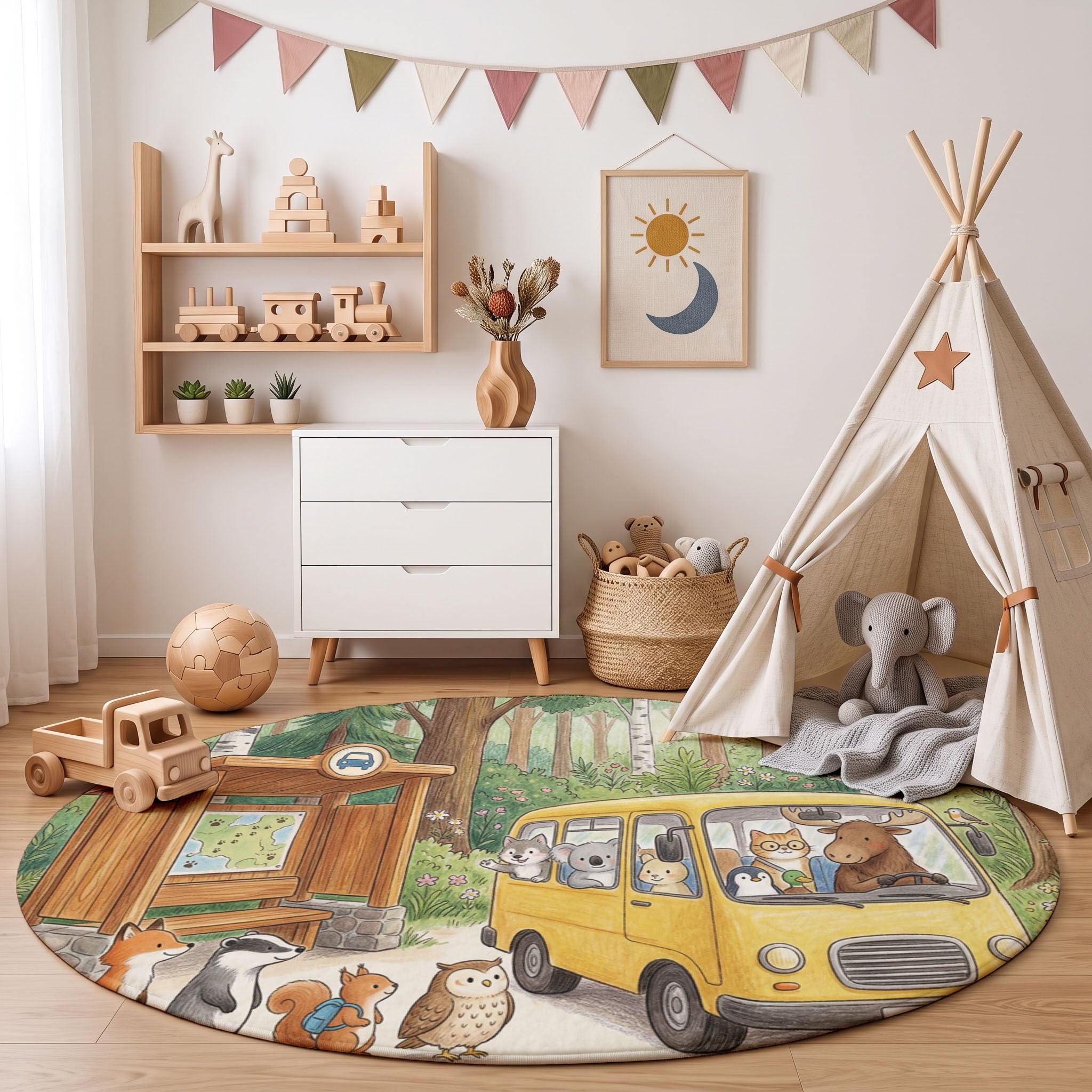Tappeto Rotondo Bambini In Stile Fiaba Della Foresta Tappeto a Pelo Corto Fox Bus Antiscivolo, Lavabile In Lavatrice per Salotto, Cameretta dei Bambini, Dimensione: 140cm, Verde