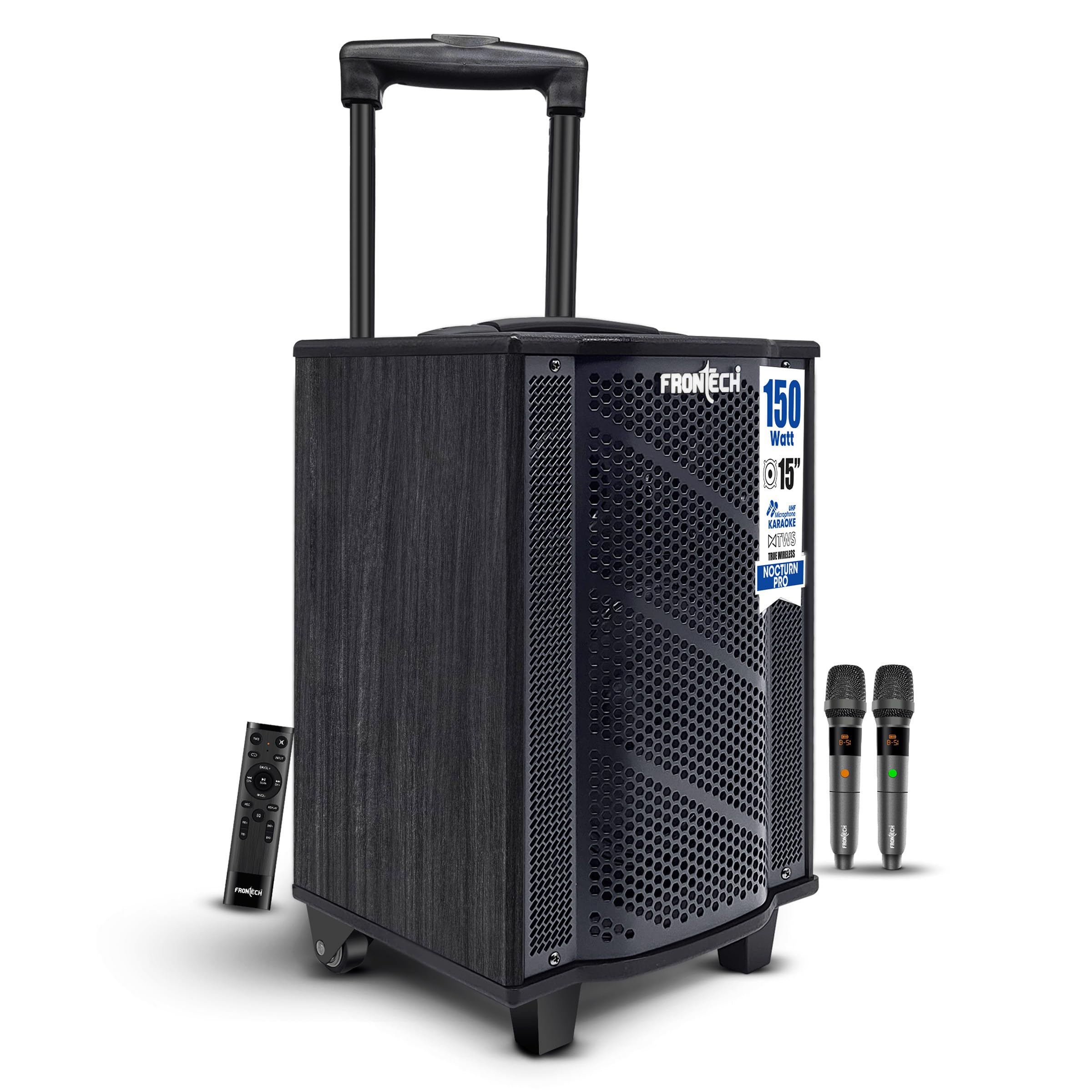 FRONTECH Nocturn Pro Trolley Speaker | 150W Powerful Sound | Dual Wireless Microphones | USB/TF/Bluetooth/FM | Guitar & MIC Input | Rechargeable Battery (SW-0211, Black)-image-41