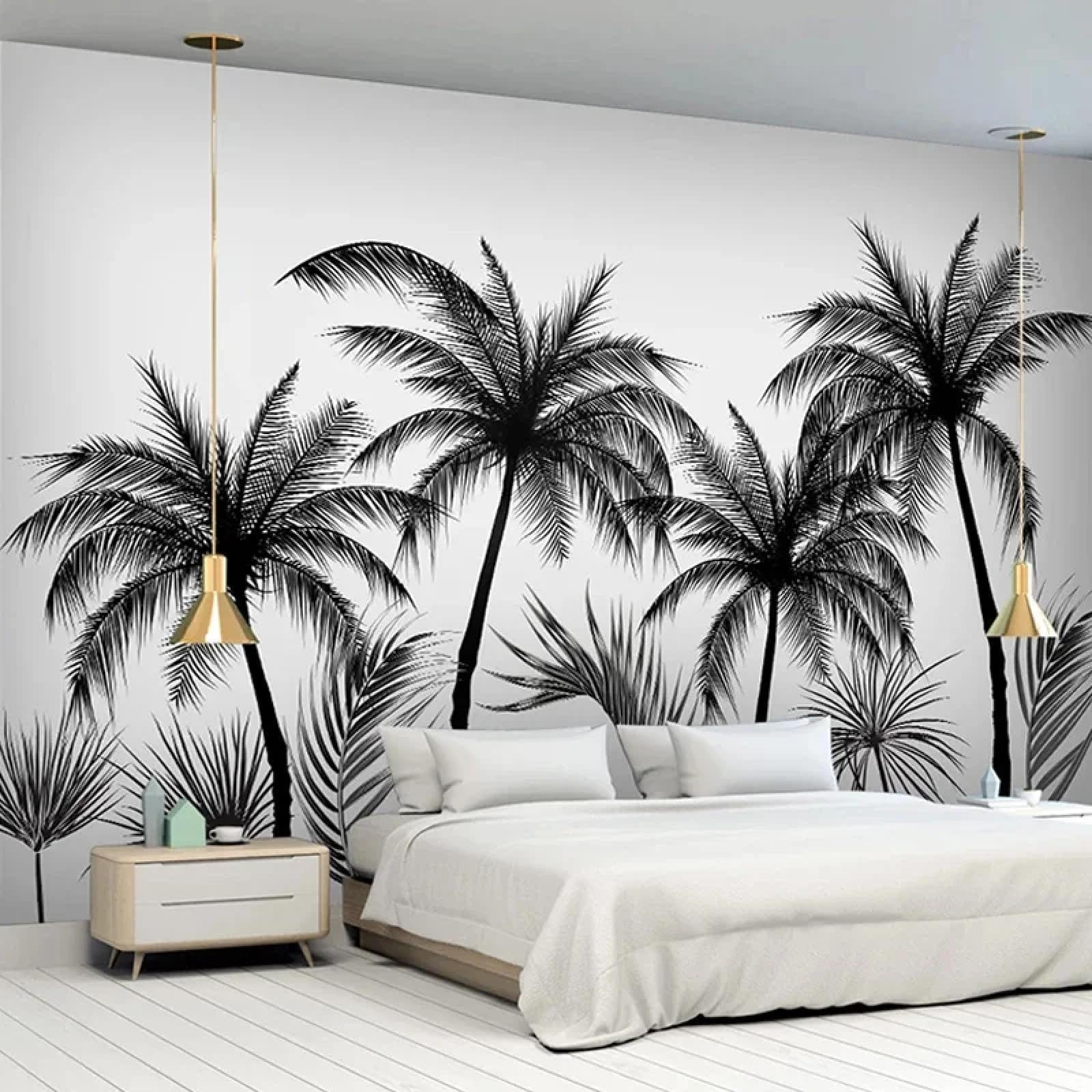 Papier peint autocollant 3D noir et blanc motif cocotier pour deco salon