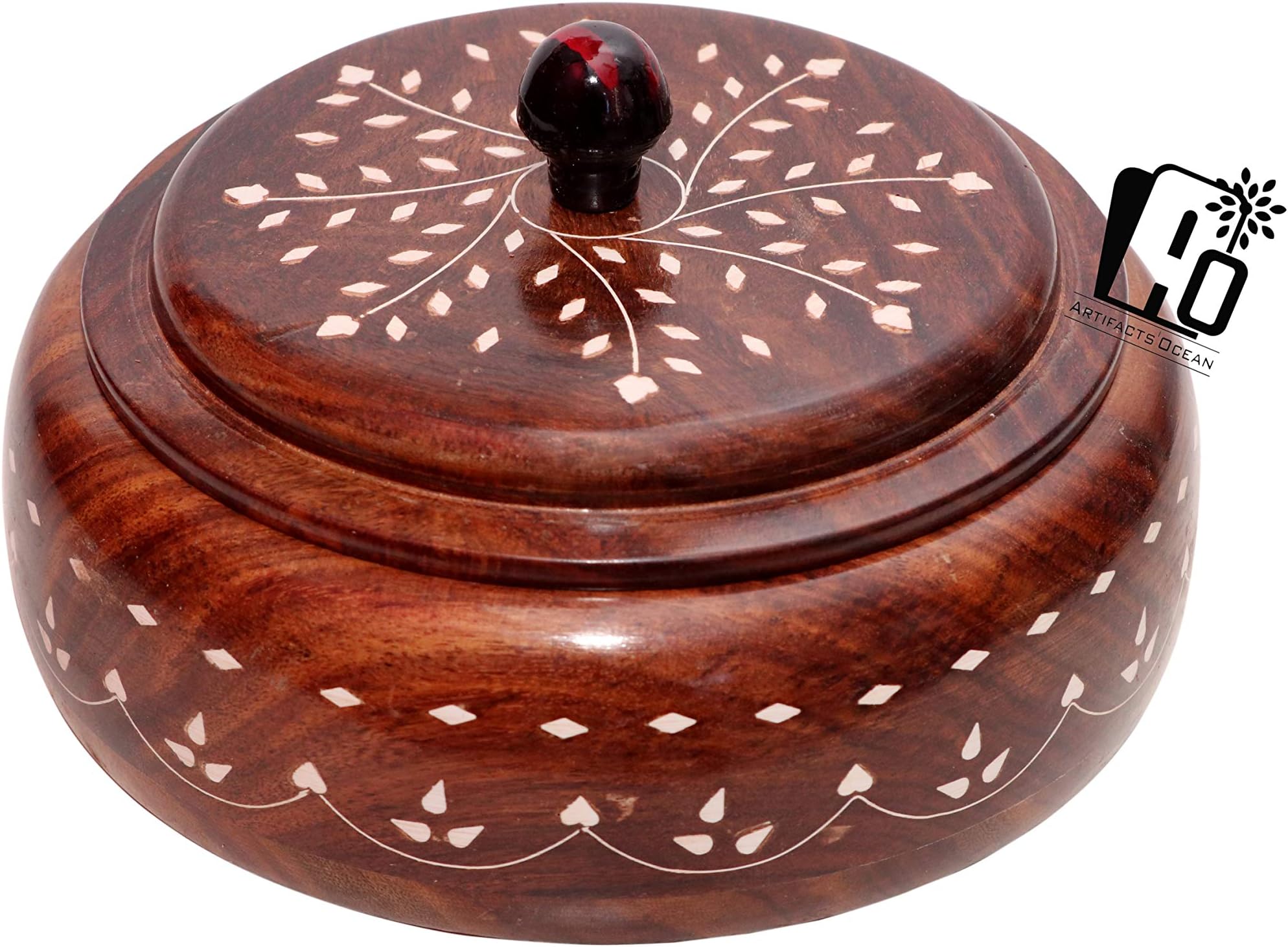ARTIFACTS'OCEAN || Round Wooden Dry Fruits Container || Wooden Snacks Box || Wooden Dry Fruits Box || Masala Box Set || Spice Box || 4 Compartment Storage Box || Brown