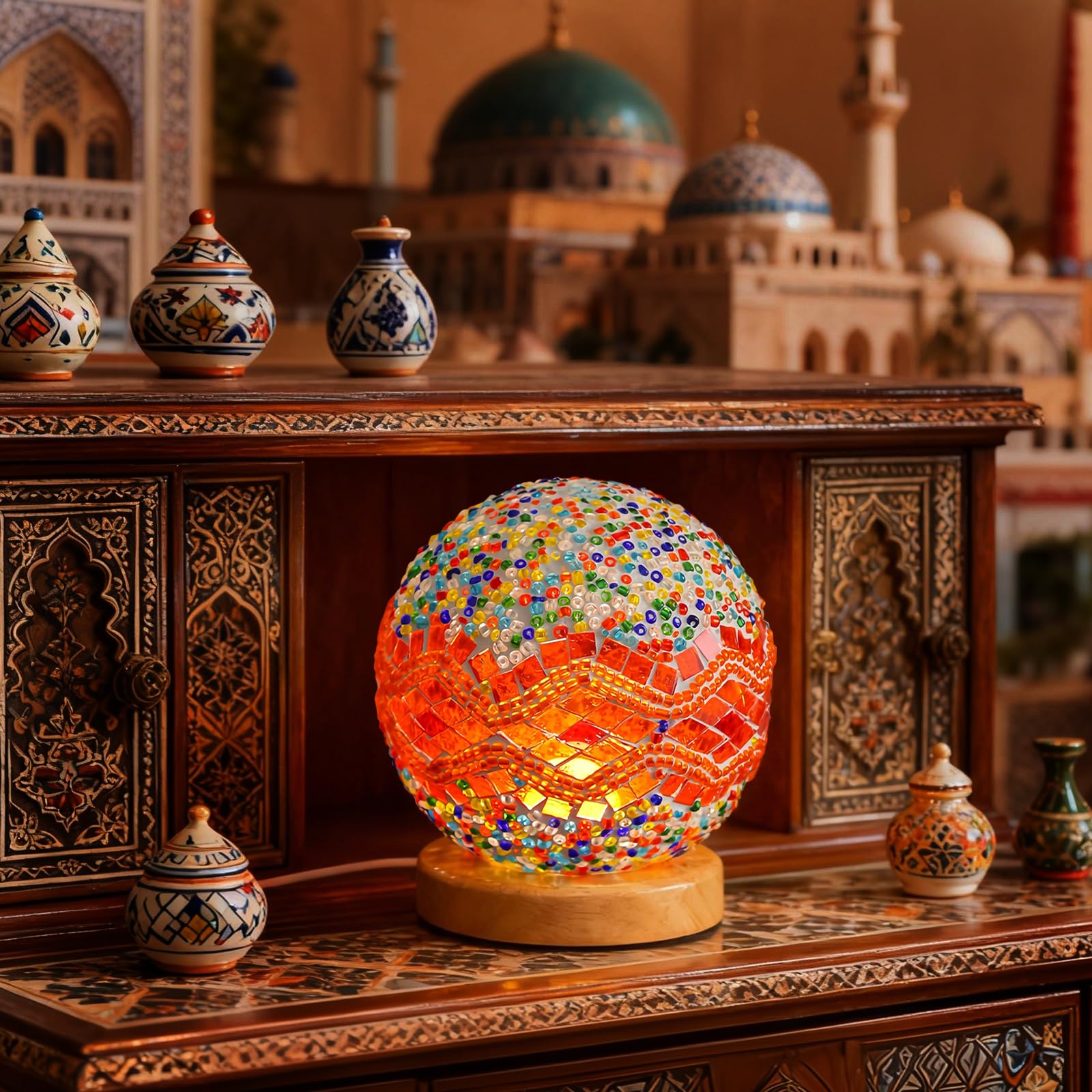 wpdash Turkish Mosaic Table Lamp Vintage Stained Glass Light USB Power Dimmable Night Lights Living Room Mantel Vintage Themed Hotel European Restaurant Decoration(Baroque A - Orange, Baroque) — image 1