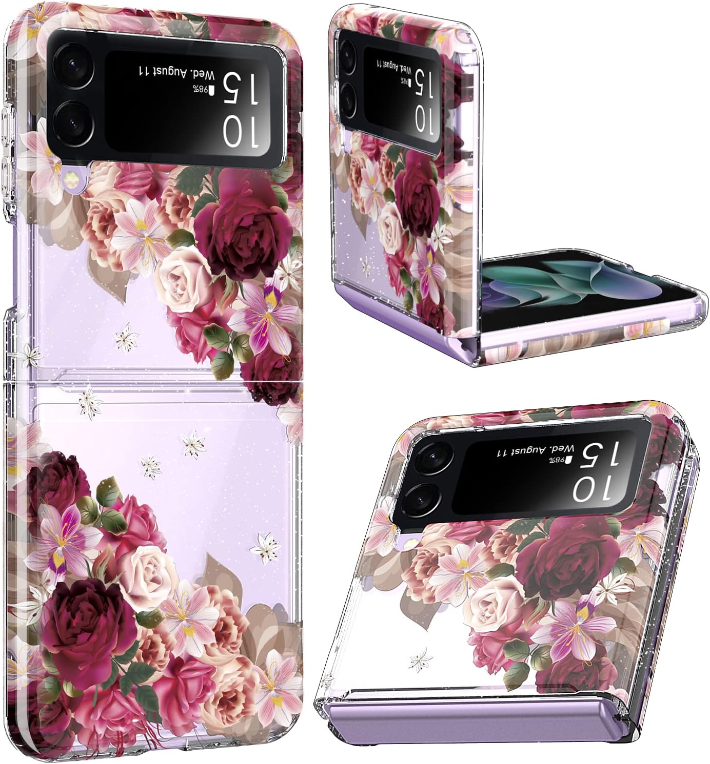 ACKETBOX Galaxy Z Flip 3 Case,Glitter Clear Sparkly Bling TPU Built-in Non-Slip Mat Impact Resistant Shockproof Hybrid Full Body Protective Case Cover for Samsung Galaxy Z Flip 3 5G 2021 (Flower)