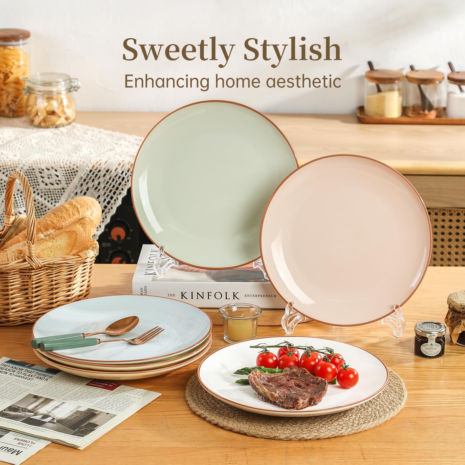 Kolorowy ceramiczny zestaw płaskich talerzy obiadowych - zestaw 6 dużych talerzy w cukierkowych kolorach - duży talerz obiadowy do głównego dania - nowoczesny serwis obiadowy | stek, sałatka, makaron
