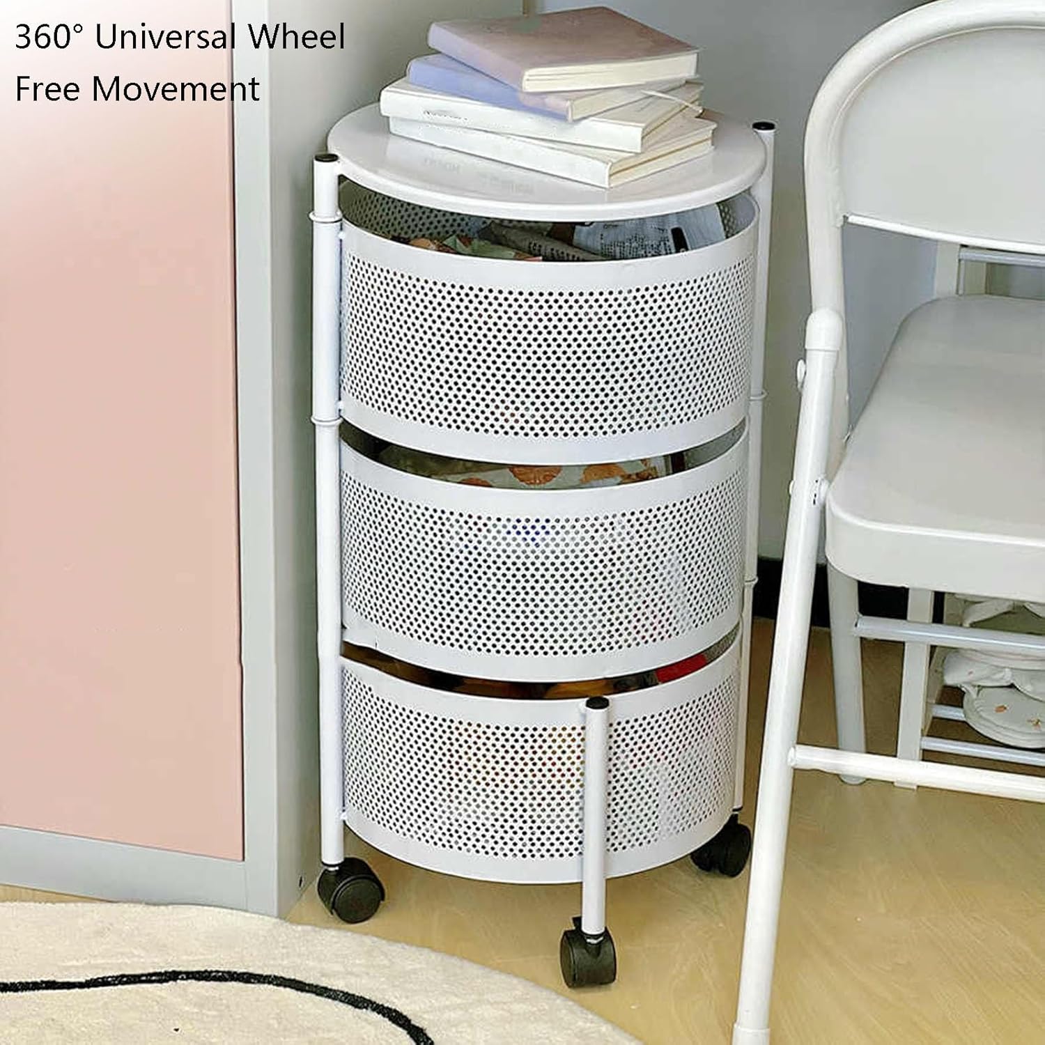 Rotating Fruit and Vegetable Shelf,3 Tiers Storage Rotating Basket,Round Bathroom Shelf with 4 Wheels,Strong Load-Bearing Capacity