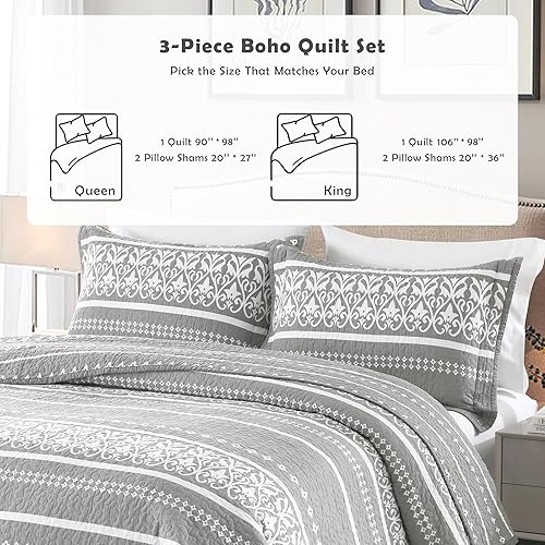 Miniatura 6 de Juego de edredón tamaño King 100% algodón, juego de ropa de cama bohemio, colcha a rayas grises y blancas para cama King, edredón reversible y