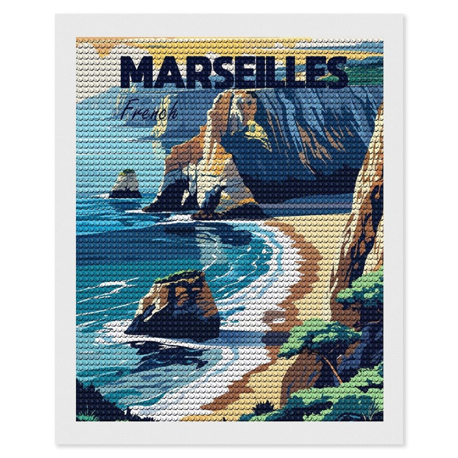 Junmoney Marseilles French Coastline Travel Diamond Art Canvas 16"x20", for Adults, Mindful Craft Activity, Modern Decor, Christmas Gift, Full Kit Included