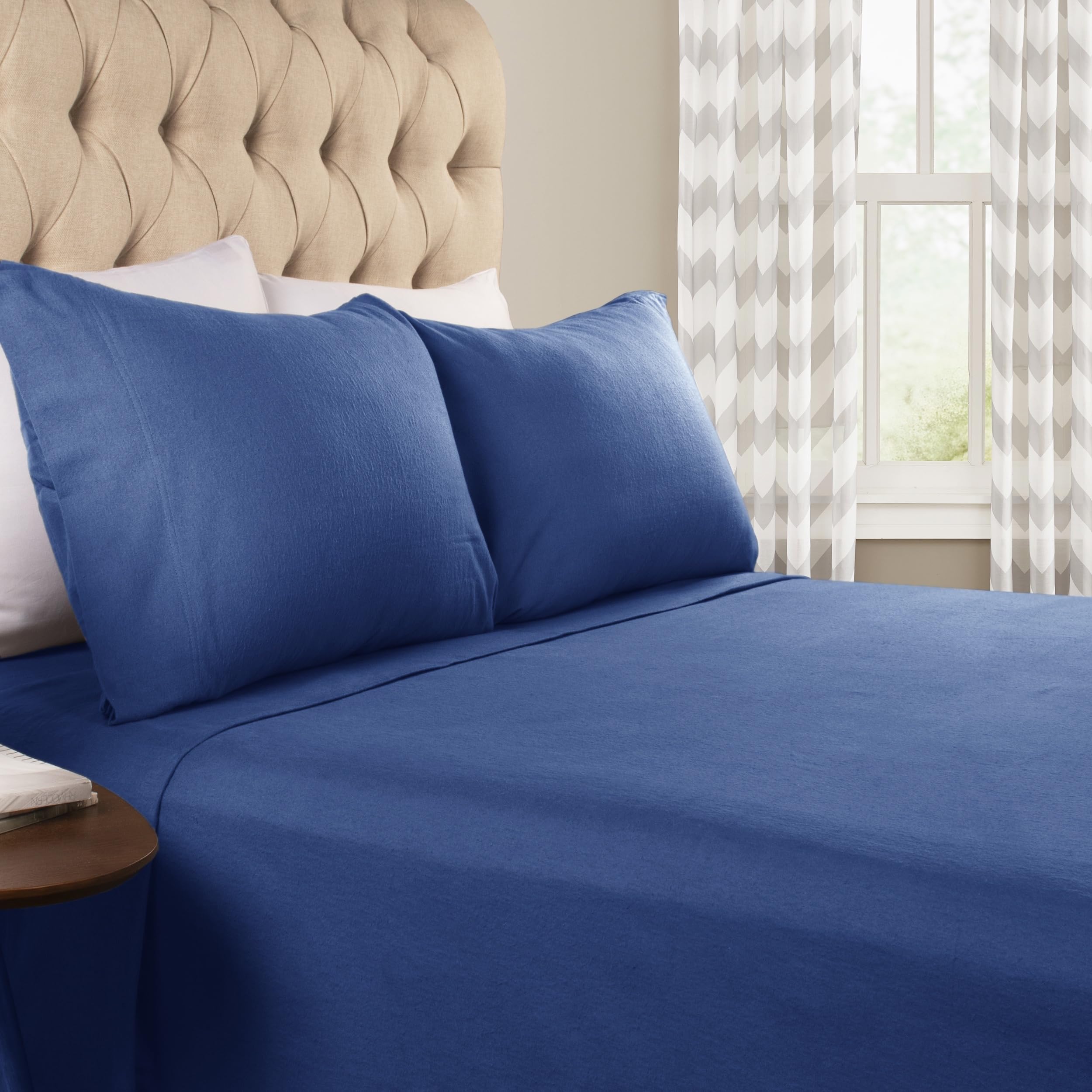 Superior Flannel Cotton Bed Sheet Set, Includes Flat Sheet, Fitted Sheet, Two Pillowcases (Twin Sizes Include One Pillowcase), Breathable, Modern Solid Classic - Split King, Navy Blue