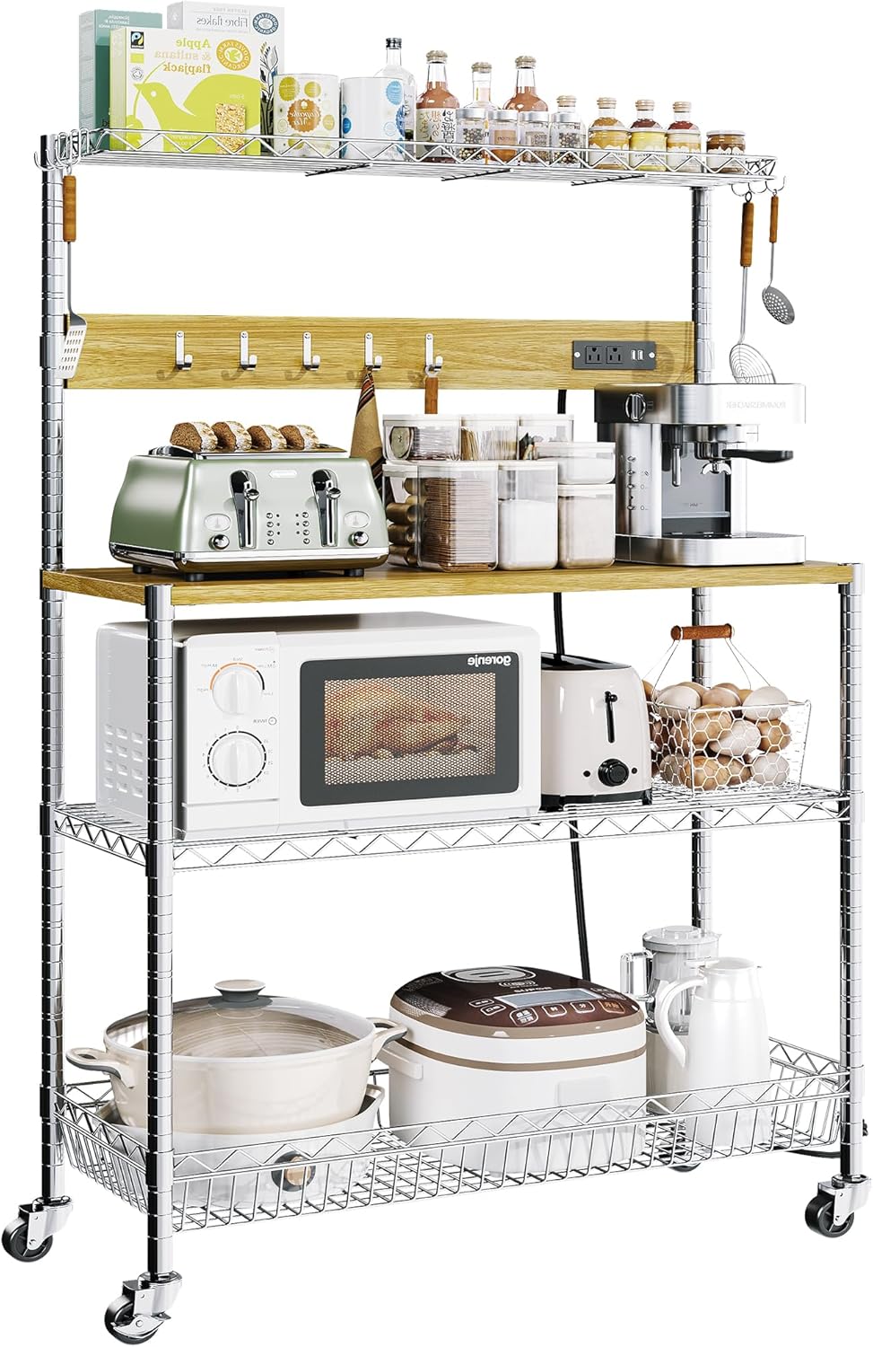 Bakers Rack with Power Outlet & Storage, 33 Inch Microwave Stand Kitchen Shelf Storage Rack, Coffee Bar Cart with Wheels & Hooks, 4-Tier Metal Kitchen Shelves Cart, Chrome