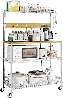 Bakers Rack with Power Outlet & Storage, 33 Inch Microwave Stand Kitchen Shelf Storage Rack, Coffee Bar Cart with Wheels & Hooks, 4-Tier Metal Kitchen Shelves Cart, Chrome